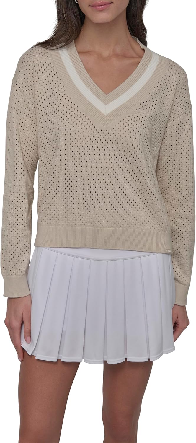 DKNY Women's Long Sleeve V-Neck Soft Mesh Sweater
