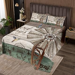 Rustic Farmhouse Quilt Set Queen Size, Vintage Country Windmill Coverlet Set For Kids Teens Adult Women Bedroom,Farm Animal Cabin Bedspread Set Western Wood Barn Door Bed Set With 2 Pillow Cases