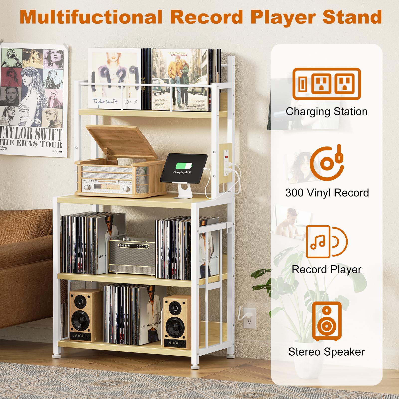 EasyCom Supporto per giradischi con contenitore in vinile, supporto per giradischi può contenere fino a 300 album, grande tavolo per giradischi con stazione di ricarica, supporto per dischi in vinile