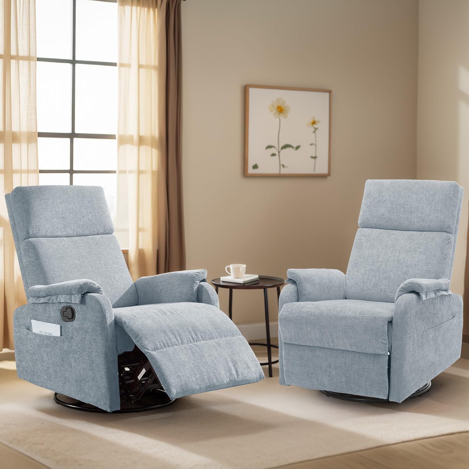 Korser Recliner Chair, Swivel Rocking Recliner Chair for Adults, Glider Rocking Chair, Small Nursery Chair Recliner for Living Room, Reclining Chair with Modern-Designed Armrests, Chenille, Blue
