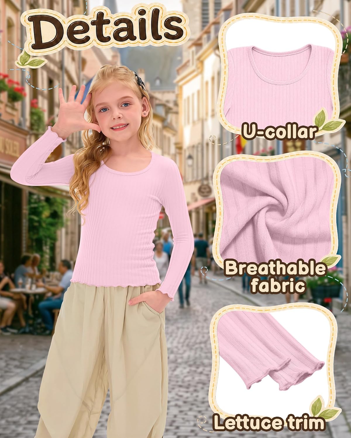 3 Pack Toddler Girls Long Sleeve Shirts Ribbed Tees
