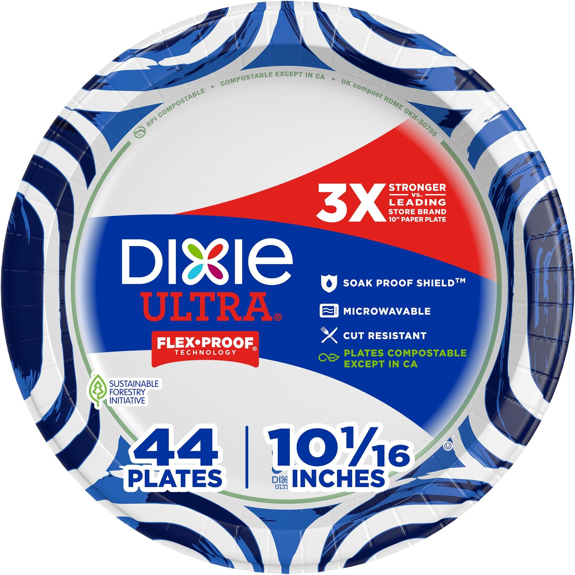 Ultra, Large Paper Plates, 10 Inch, 44 Count, 3X Stronger*, Heavy Duty, Microwave-Safe, Soak-Proof, Cut Resistant, Disposable Plates For Heavy, Messy Meals