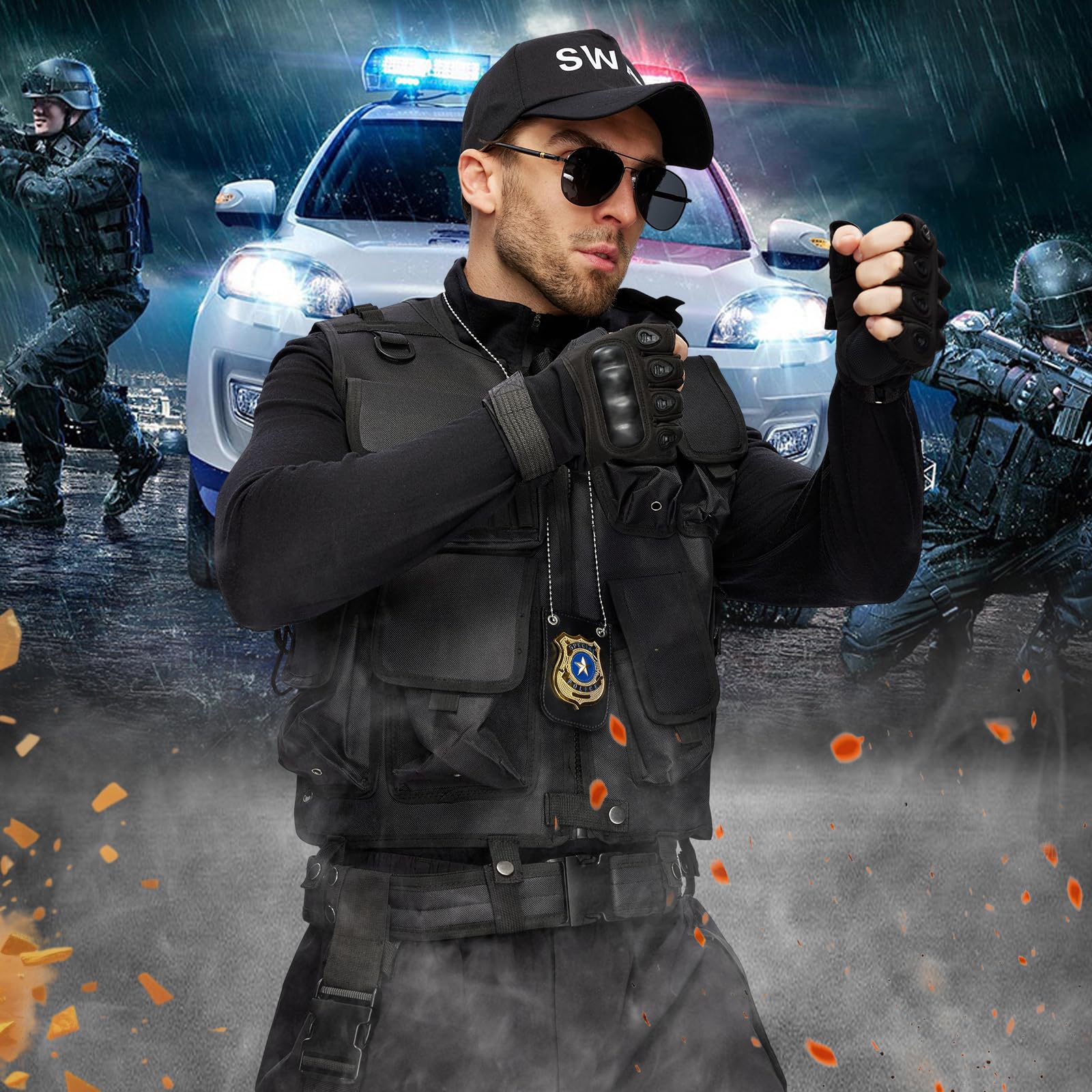 Conjunto Disfraces Swat para Hombre, Chaleco Swat Security con Equipamiento Policial, Chaleco Policial Negro para Carnaval, Halloween y Cosplay