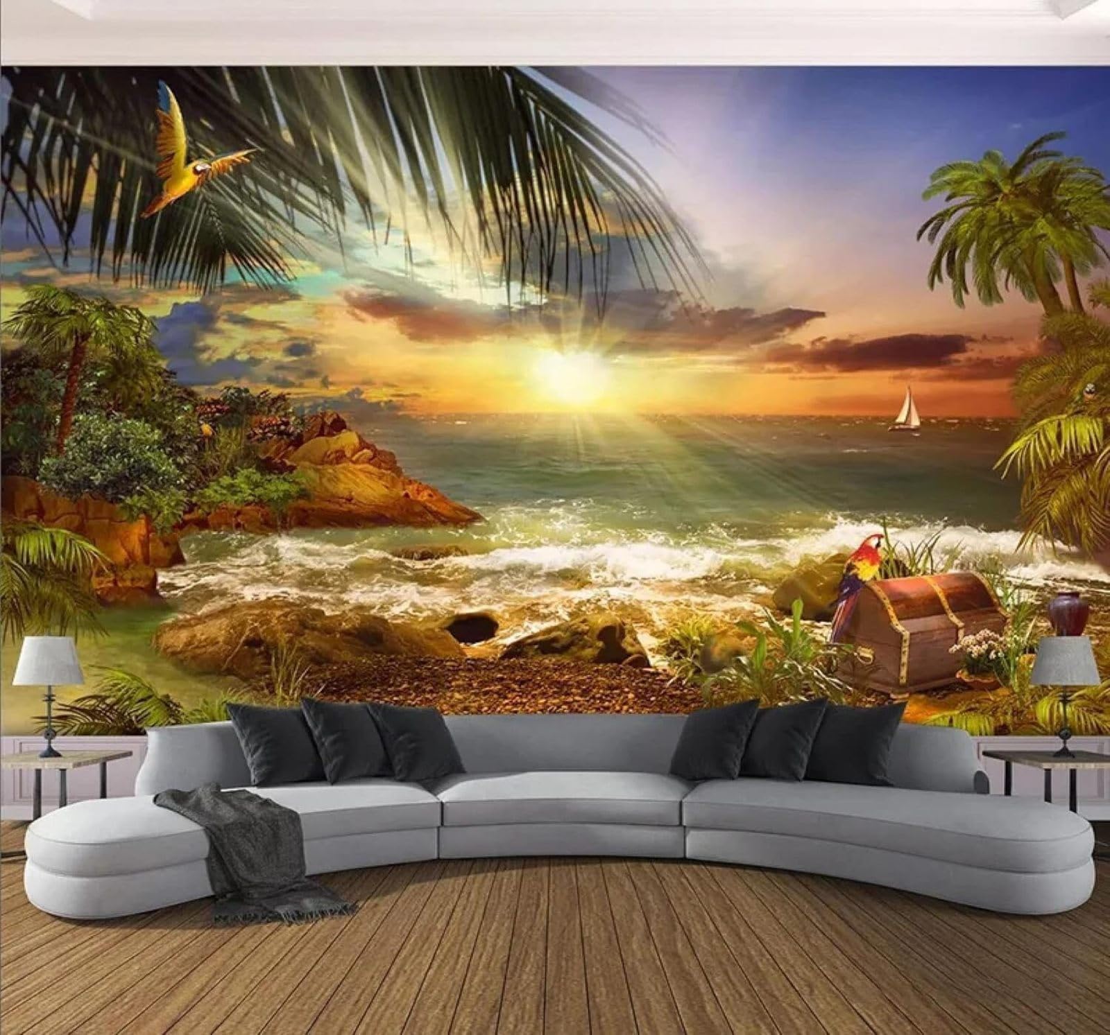 Xlming 400Cm×280Cm(B×H) Aesthetic Sunset Island Beach Seascape 3D Wallpaper Luxury Silk Study Dining Feature Sofa Grey Bedroom Living Room Tv Decorative Wall-400Cm×280Cm