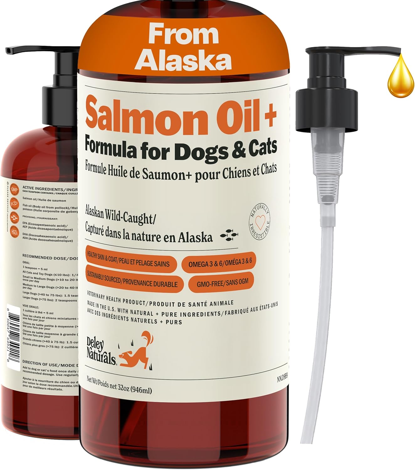 Deley Naturals Wild Alaskan Salmon Oil for Dogs & Cats – New & Improved Salmon Oil Plus Formula – Fish Oil for Dogs with DHA & EPA Fatty Acids – Omega 3 for Dogs Immunity, Healthy Skin & Coat – 946ml