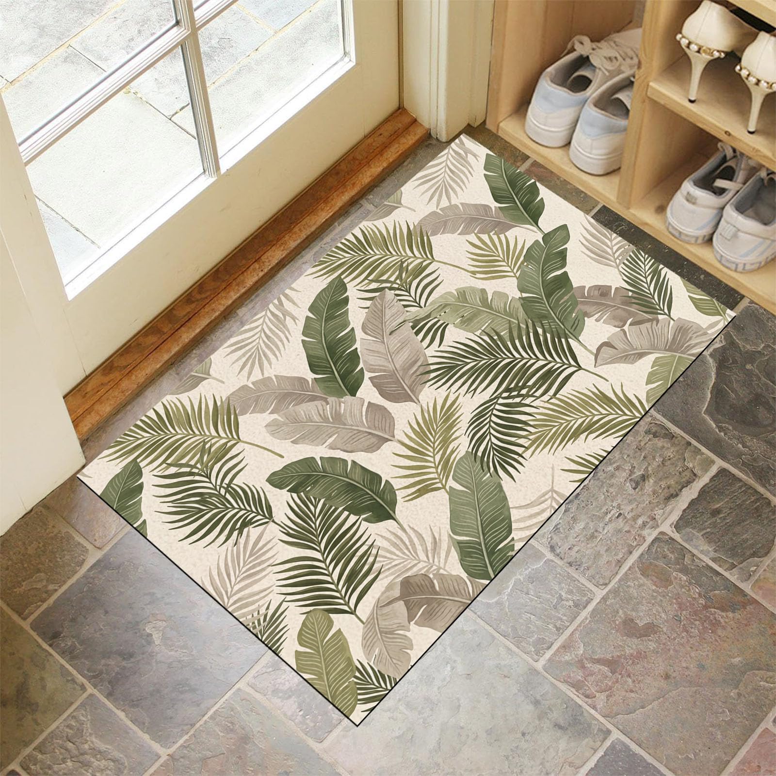 Zerbino Trappola Sporco Foglie Tropicali Retrò, 90X150Cm, Tappetino Antiscivolo Lavabile Eleganti Piante Da Campagna, Zerbino Interno Morbide Assorbenti Per Corridoio Ingresso Porta, Beige