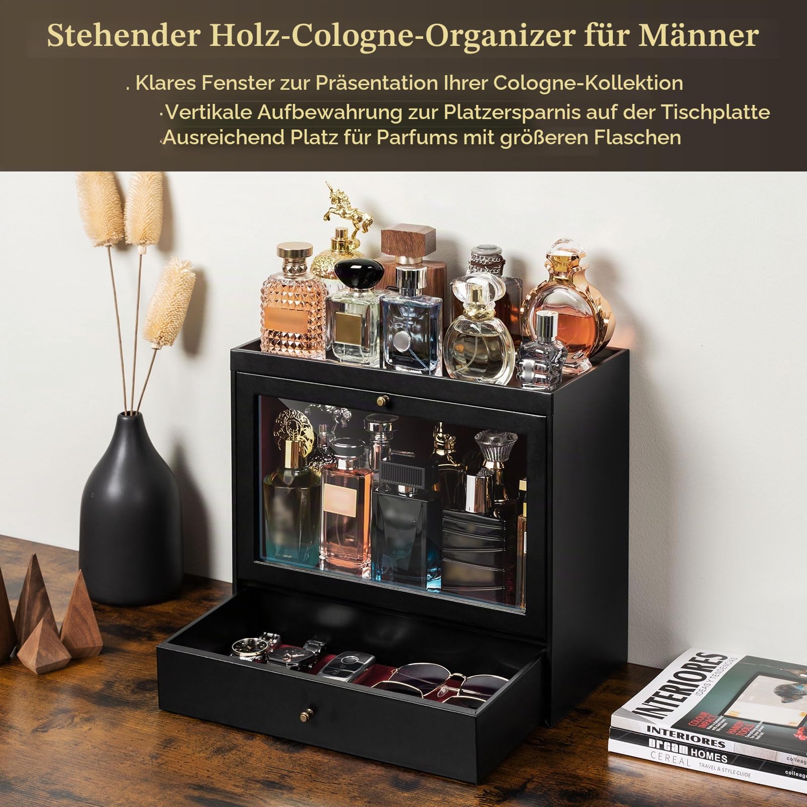 Parfüm Organizer, Leder Herren Parfüm Ständer mit Schublade, Parfüm Regal mit Transparent Sichtbarer Deckel, Premium Aufbewahrungsbox für Düfte, Kosmetik und Schmuck, Tolles Geschenk (Schwarz)