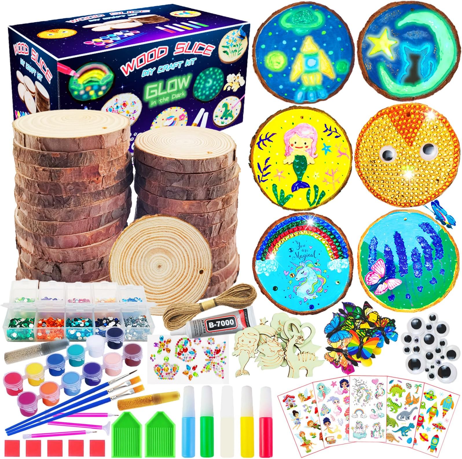 KIRKOTOY Wooden Crafts Kit for Kids-Glow in The Dark-Arts & Crafts Gifts for Boys Girls Age 6-12, 24 Wood Slices with Painting Craft Activities Kits, Creative Art Toys for 6 7 8 9 10 11 12 Year Old