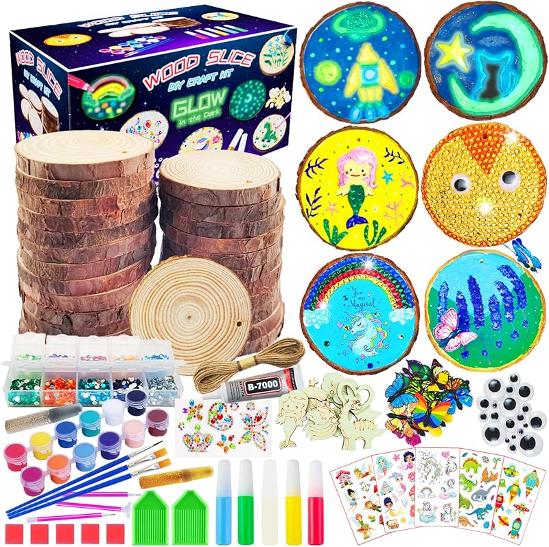 Wooden Painting Crafts Kit for Kids with Glow in The Dark | 24 Wood Slices, Arts and Crafts for Kids Ages 6-12, Party Activities Paint Kits, Creative Birthday Gifts for Boys Girls