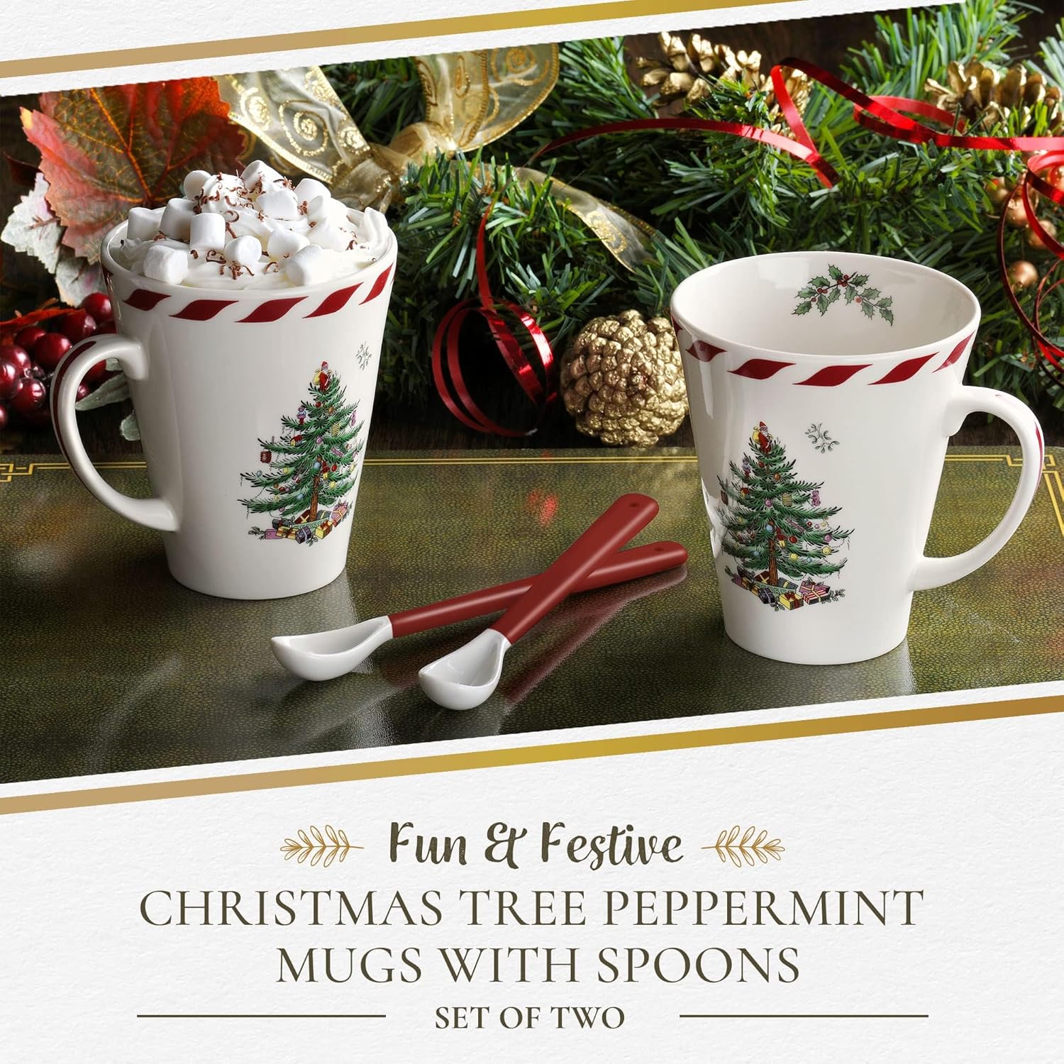 Spode Christmas Tree Peppermint 14oz Mug & Spoon Set (4-Piece) - Festive Earthenware with Candy Cane Motif, Mug for Hot Chocolate, Coffee, Holiday Mornings - Christmas Drinkware - Image 3