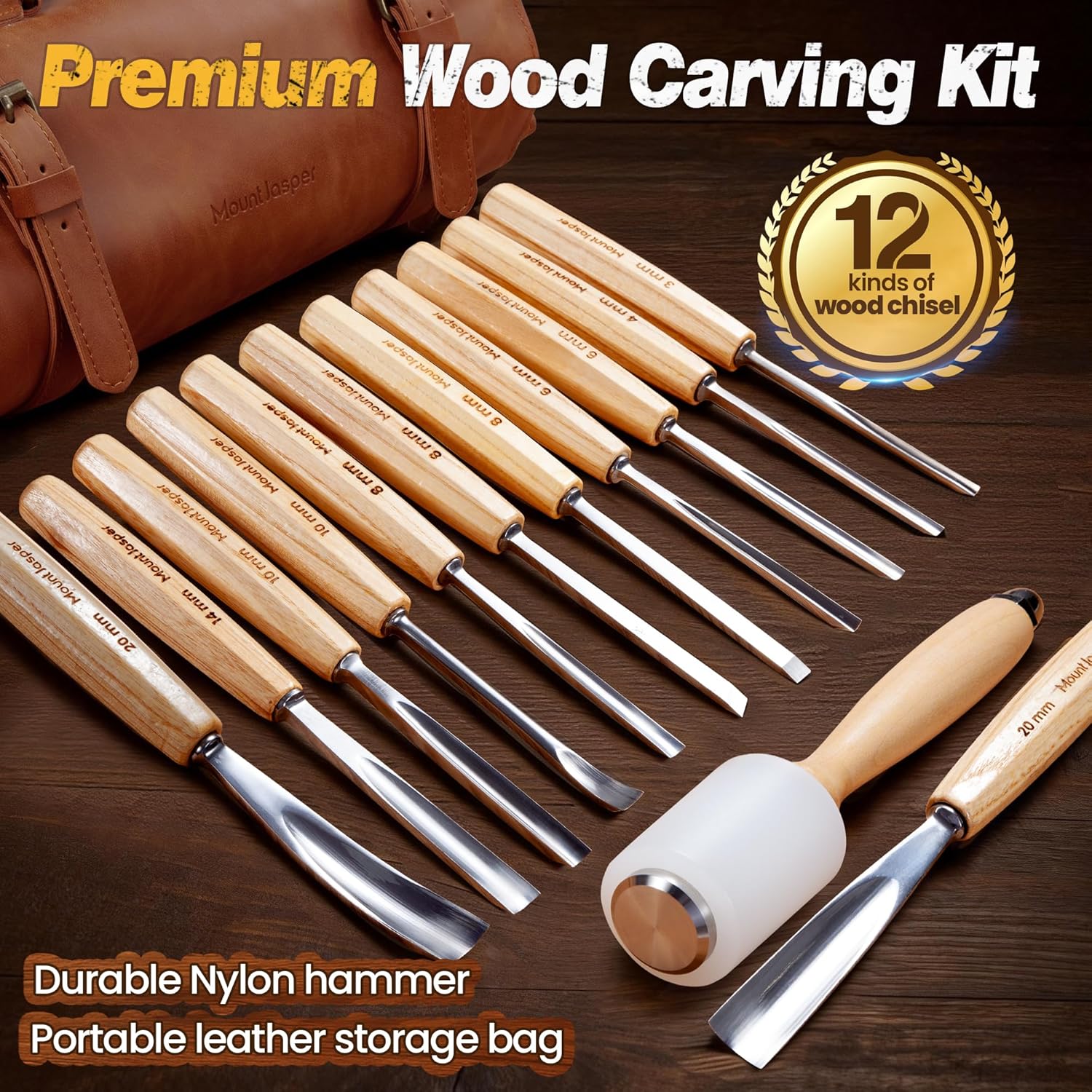 Wood Carving Tools, Wood Carving Kit of 12 Chisels, 1 Nylon Hammer & Leather Bag, CR-V Wood Chisel Set Whittling Kinves Kit, Carving Knife Set for Beginners, Carpenters