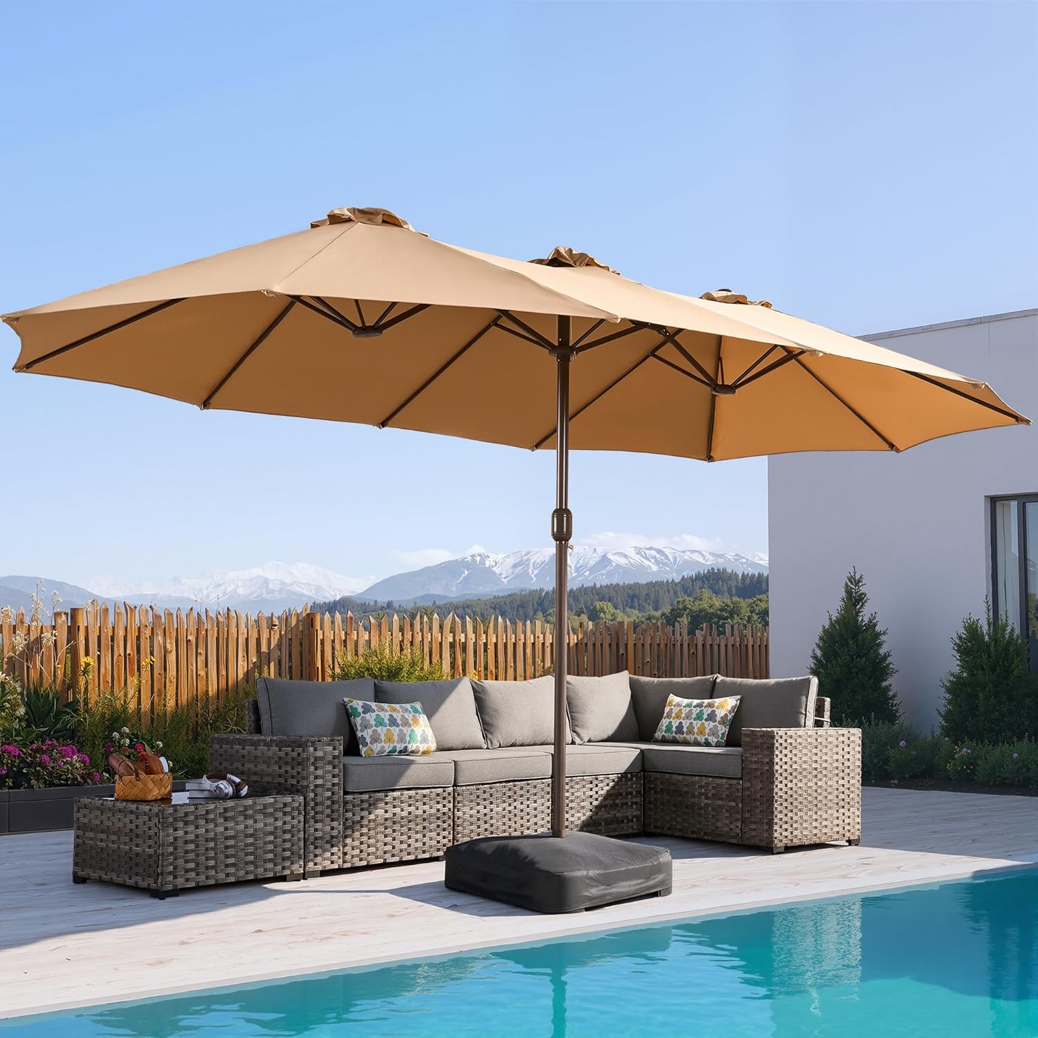 15Ft Patio Umbrella - Large Beach Umbrella W 12 Sturdy Ribs,UPF50 Outdoor Table Umbrella,Picnic Market Umbrella W Base Crank Handle for Pool,Yard,Garden