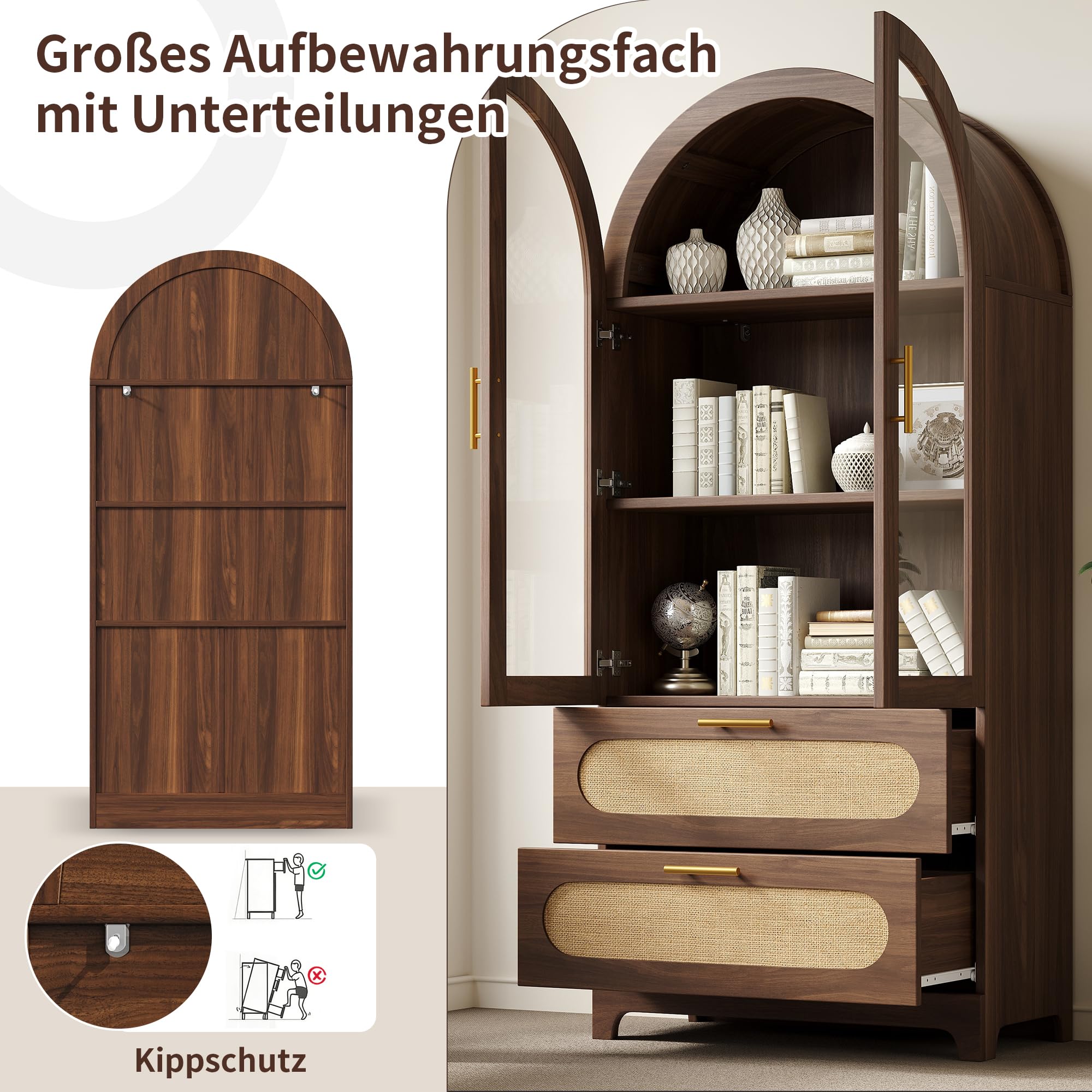 Vitrine mit Montmartre-Bogen, 175X80X40cm, Bücherregal mit 2 Schubladen & verstellbaren Böden, Retro-Design, Nussbaum