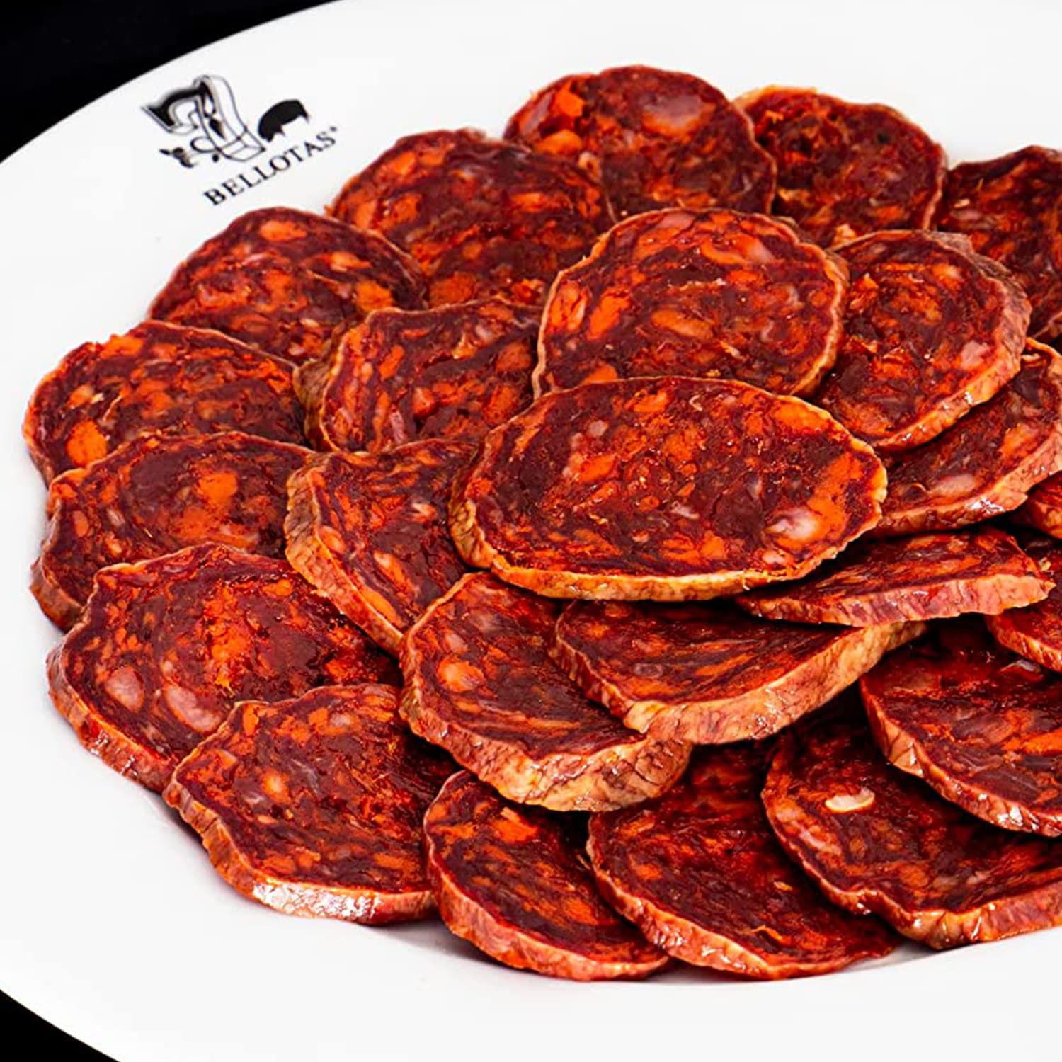 7 BELLOTAS Iberico de Bellota Chorizo | Chorizo-Salami aus Pata Negra Eichelfütterung von 100% Iberischen Schweinen | Natürlich luftgetrocknete Salamanca Würste (In Scheiben geschnitten 5 X 100 gr.)