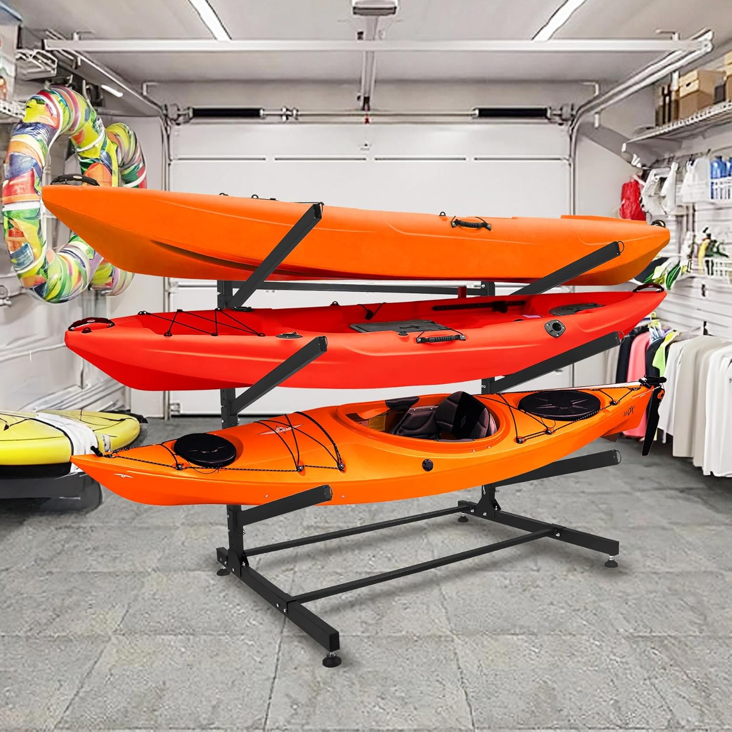 Kayak Storage Rack, 3-Tier Freestanding Stand for Kayaks, Canoes, Paddleboards – Indoor & Outdoor Vertical Heavy-Duty Storage Organizer with Foam Padding