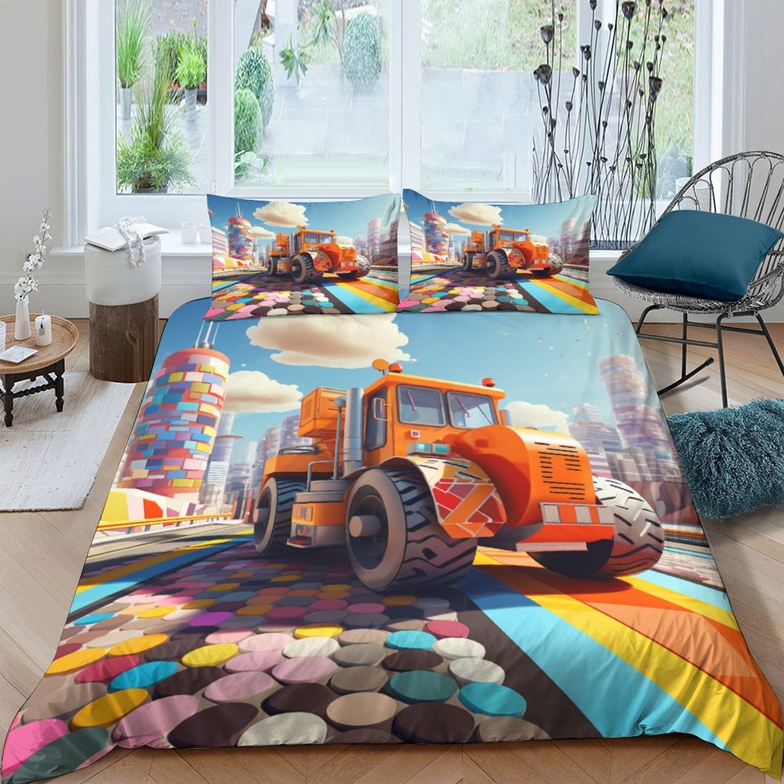 Housse de couette véhicule d'ingénieur 3D lit 2 places parure de lit microfibre avec fermeture éclair