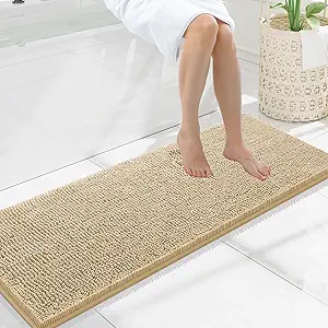 Smiry Luxury Chenille Bathroom Rugs 47x17, Extra Soft and Absorbent Shaggy Bath Mat, Machine Washable, Non-Slip Plush Carpet Runner for Tub, Shower, and Floor, Home Decor Accessories, Beige