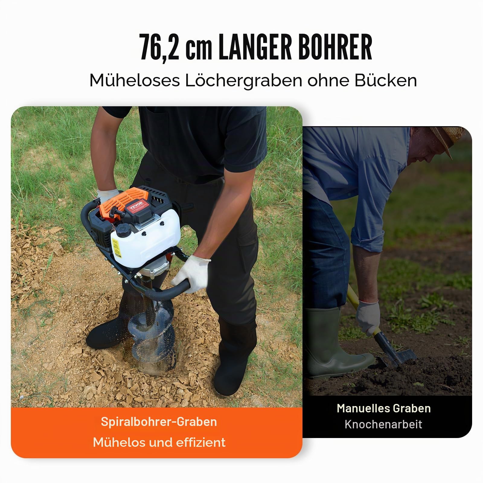 VEVOR Erdbohrer mit Benzinmotor, 52 CC, 1450 W, Benzinbohrer mit 8-Zoll-Bohrkronen und 1 Verlängerungsstange, Lochbohrer für Pfostenzäune für Ackerland, Gartenpflanzen, Orange+Schwarz