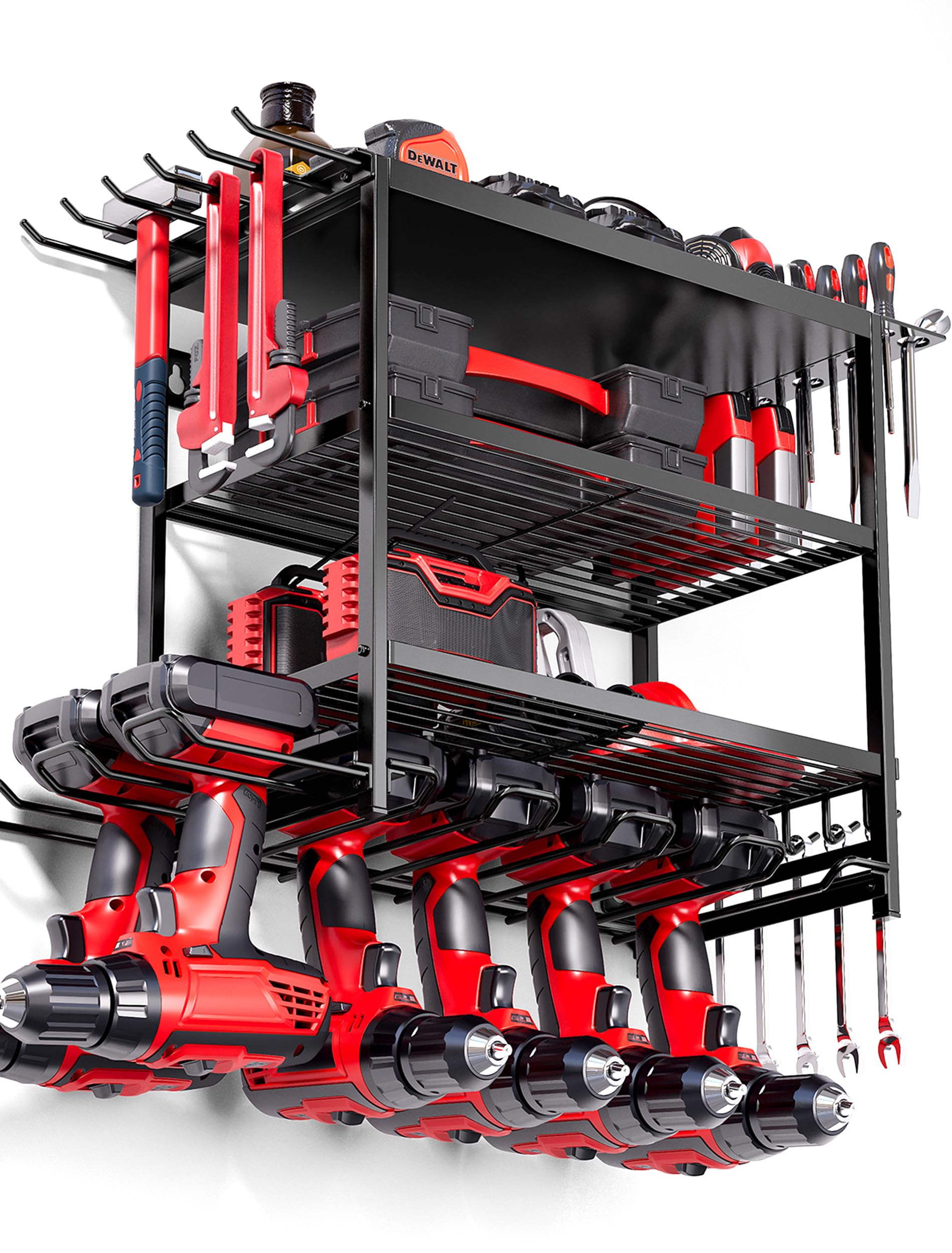 Power Tool Organizer, 6 Drills Holder Wall Mount, 4 Layer Heavy Duty Tool Organizer and Storage, Suitable Tool Rack for Tool Room, Workshop, Garage (4 Layers (6 Drill Holder))