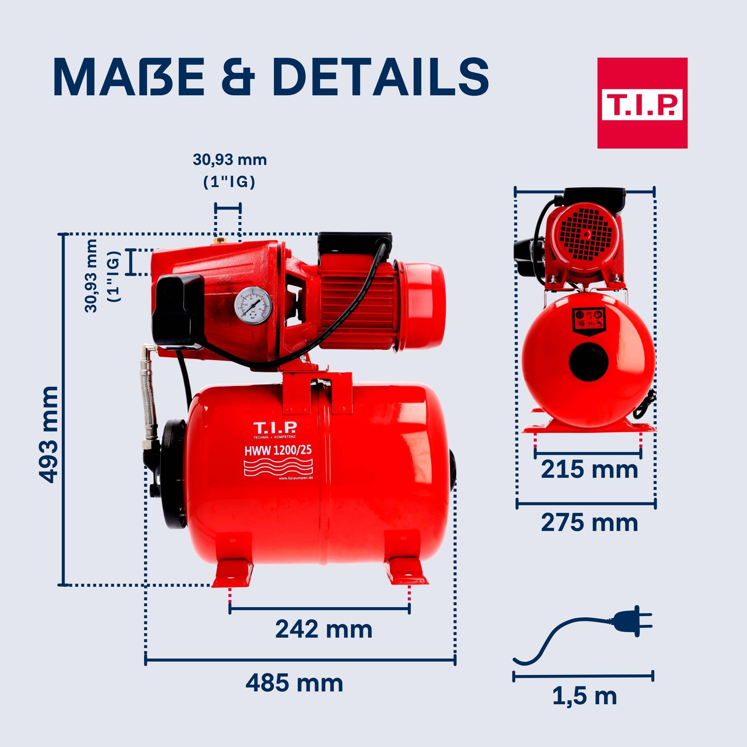 T.I.P. HWW 1200/25 Hauswasserwerk, 5.000 l/h Jetpumpe mit Gusseisengehäuse, 1.200 W, 50 m Förderhöhe & 5,0 bar Druck, Druckschaltung, 22L Kessel, selbstansaugend, effizient, leistungsstark & langlebig