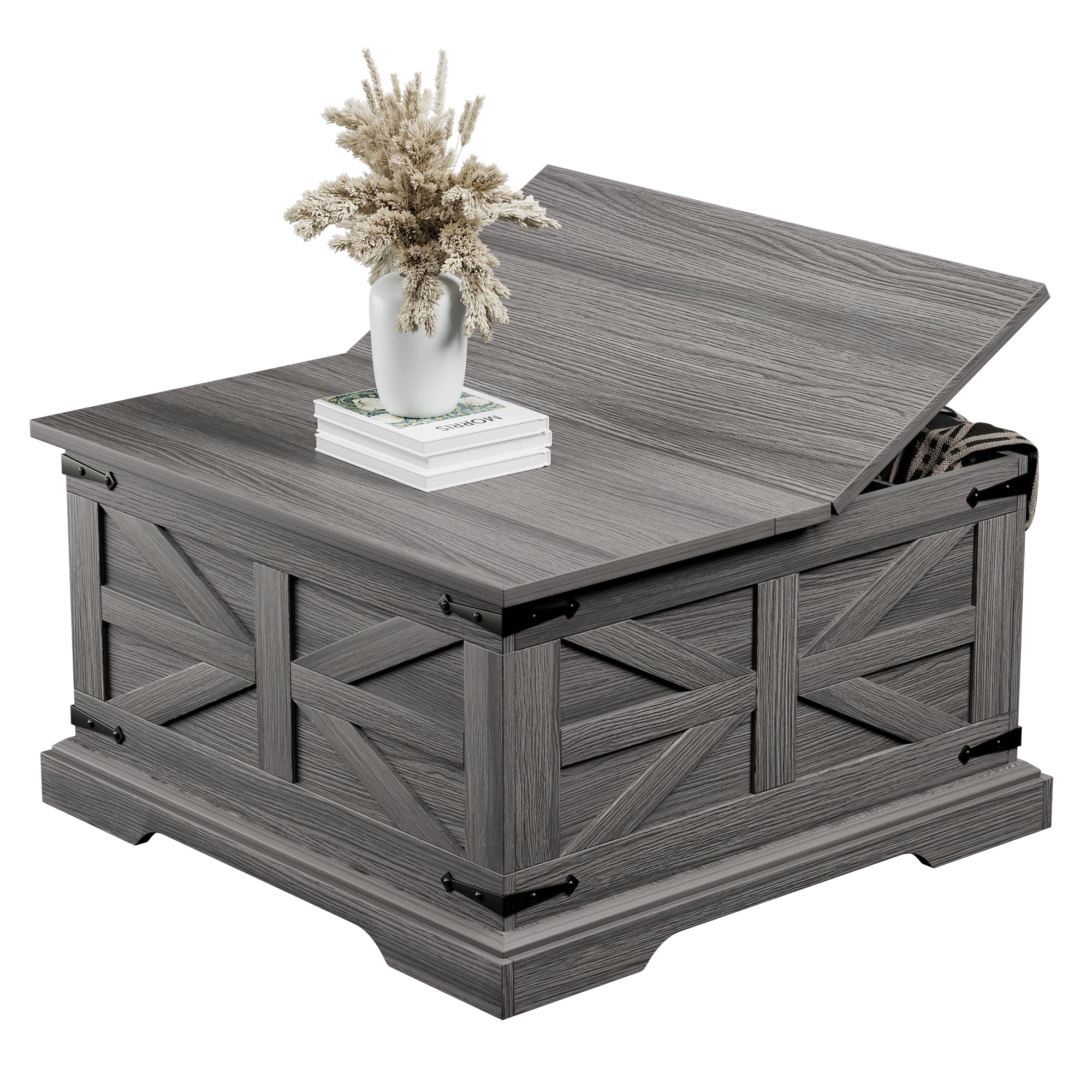 Farmhouse Coffee Table with Storage, Square Center Table for Living Room, Rustic, Hinged Lift Top Soft Close, Wood, Large Hidden Storage, Modern, Metal Corner, Grey