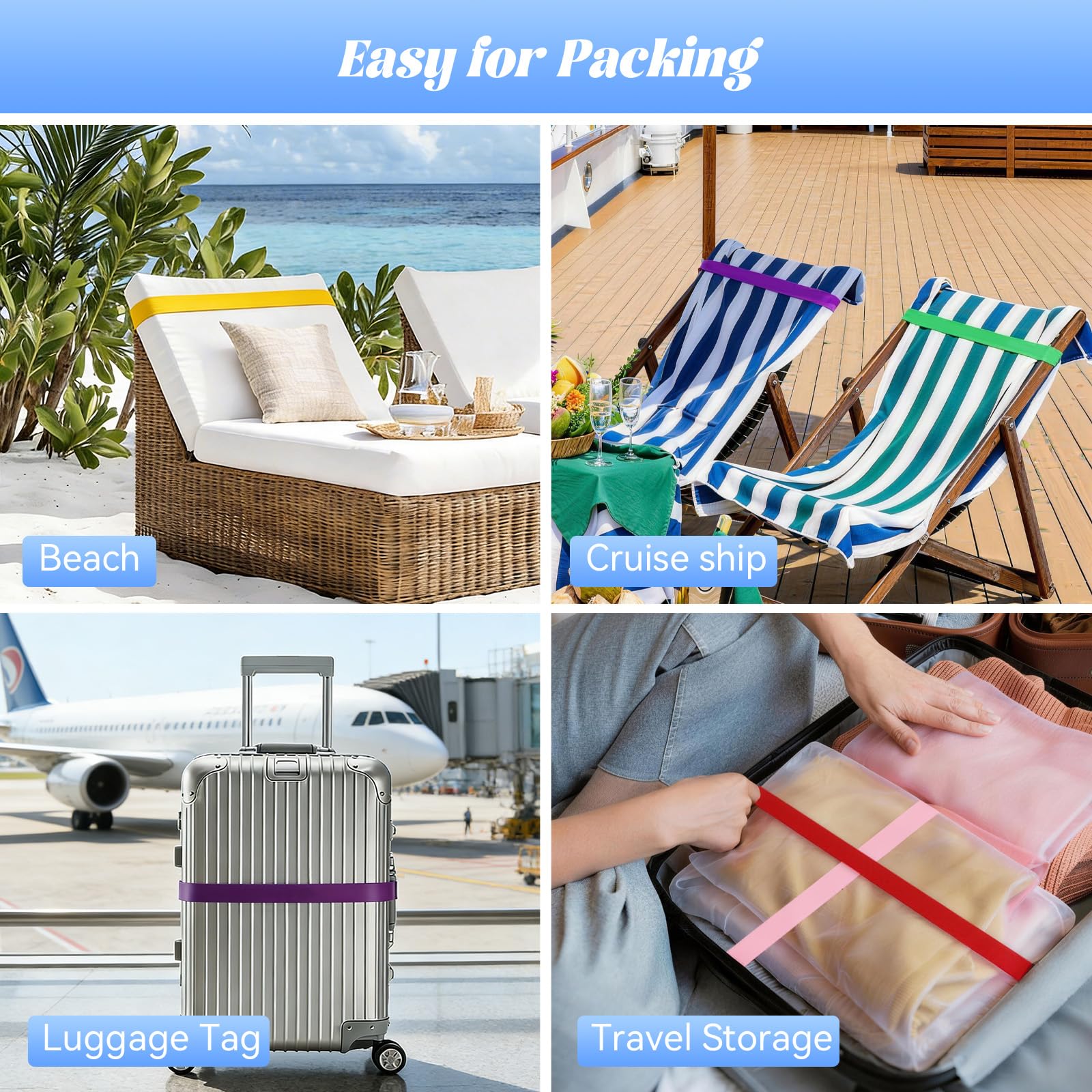 CobeTech 6 Pack Towel Bands for Beach & Cruise, Stretch Silicone with Travel Bag, Fit Lounge Chairs to Keep Towels in Place, Easy to Pack for Vacation & Pool - 5