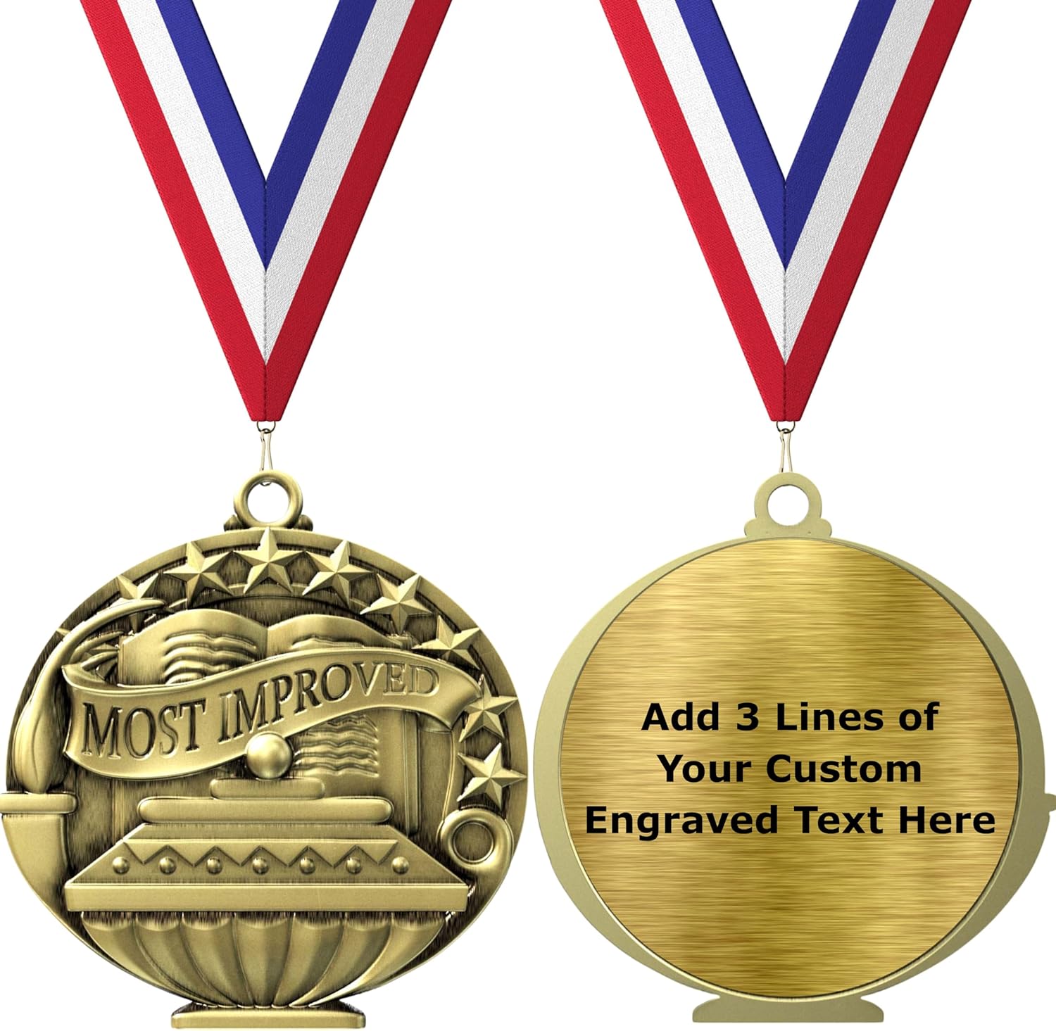 Express Medals Pack of 10 (or More) Engraved Scholastic Academic Award Medals with RWB Neck Ribbons