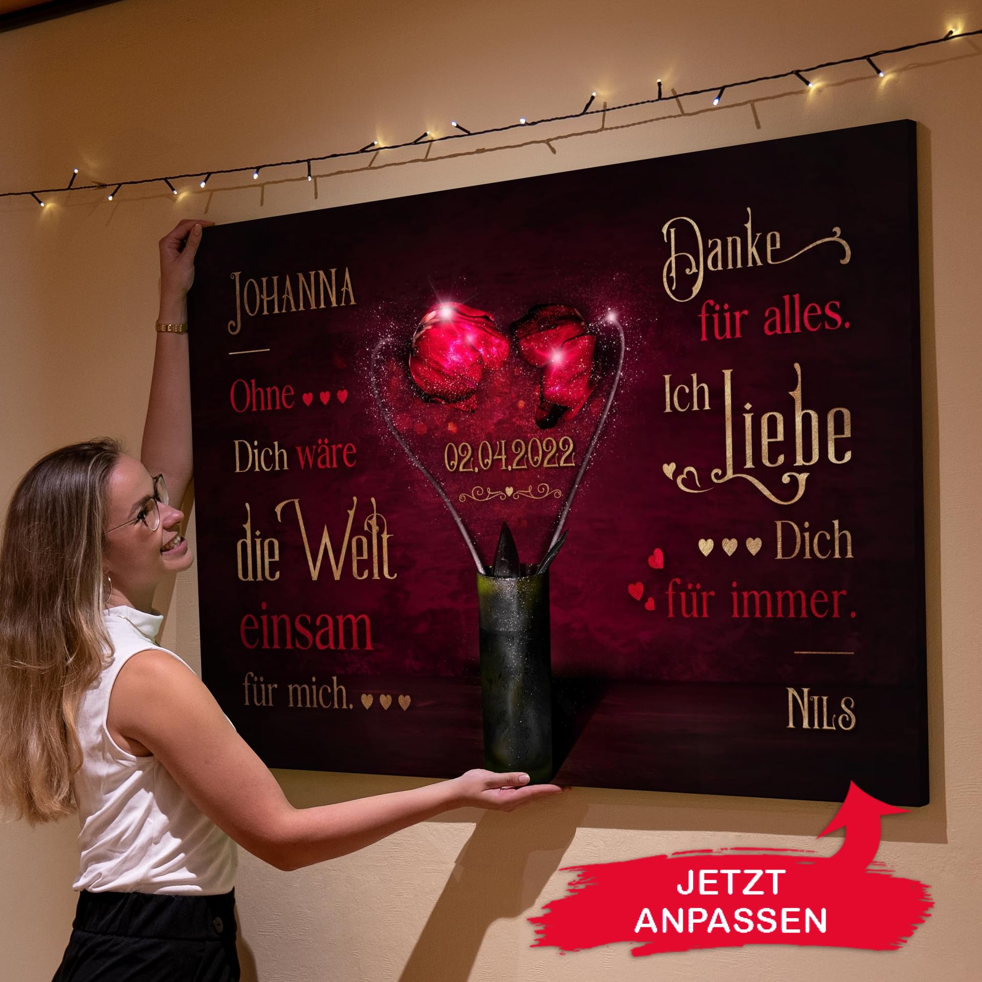 Liebesleinwand | Leinwand mit Namen und Datum | Wandbild gestalten, Jahrestag Geschenk für Frauen und Männer | Blüte an Blüte