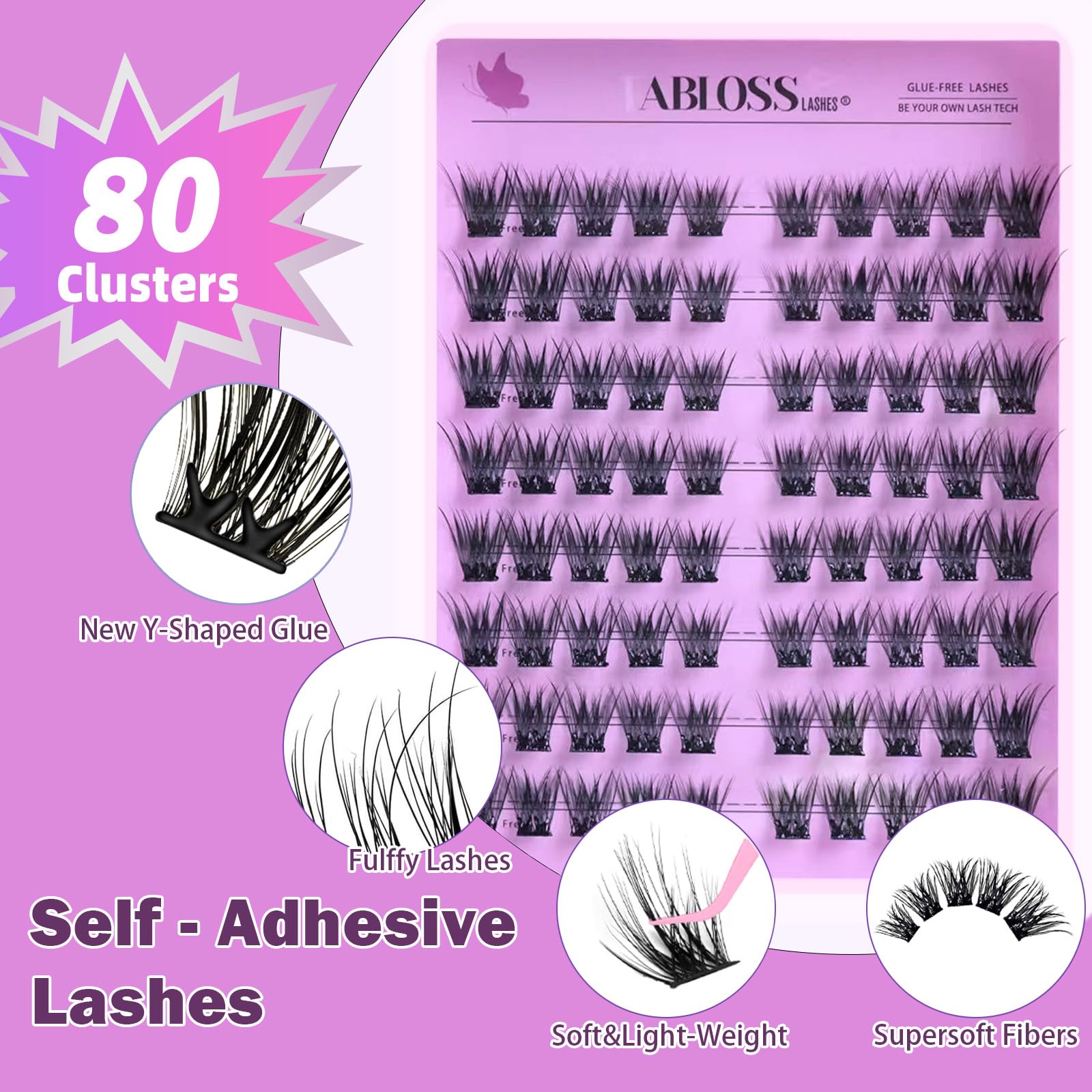 Fabloss Self Adhesive EyeLashes Clusters 80Pcs 10-14mm No Glue Lashes Clusters Natural Look Press on Lashes Self Adhesive Lashes Glueless False Eyelash Kit with Tweezers