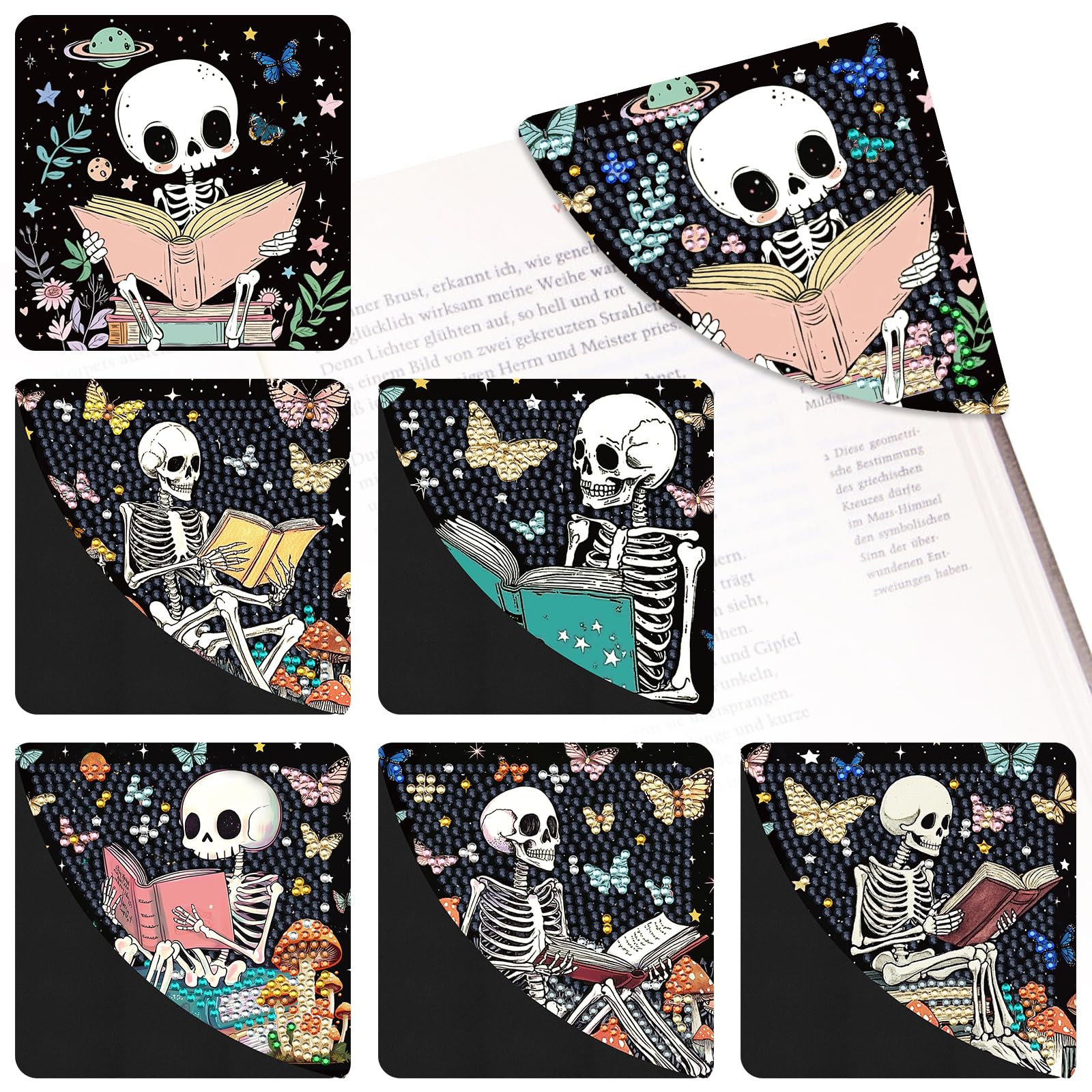 INCOK Skull Diamond Art Bookmarks - 6 Pcs DIY Diamond Painting Corner Bookmarks Kits Double Side Art Craft Supplies Birthday The Day of Dead Gift for