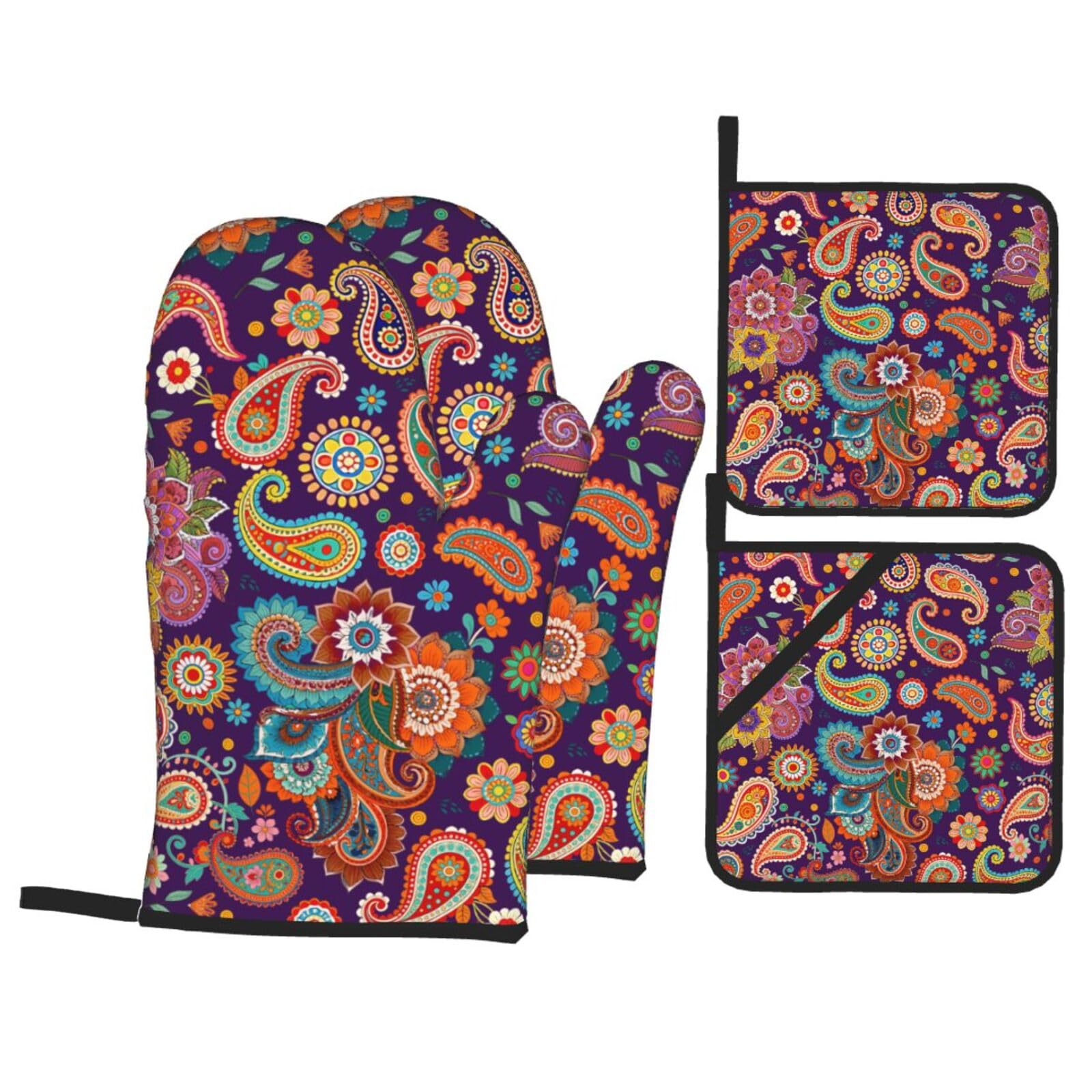 Red Boho Oven Mitts and Pot Holders Sets - Colorful Bohemian Kitchen Mitts Potholders 4 Pack Heat Resistant Vibrant Floral Oven Gloves Hot Pads for Kitchen Baking Grilling Party