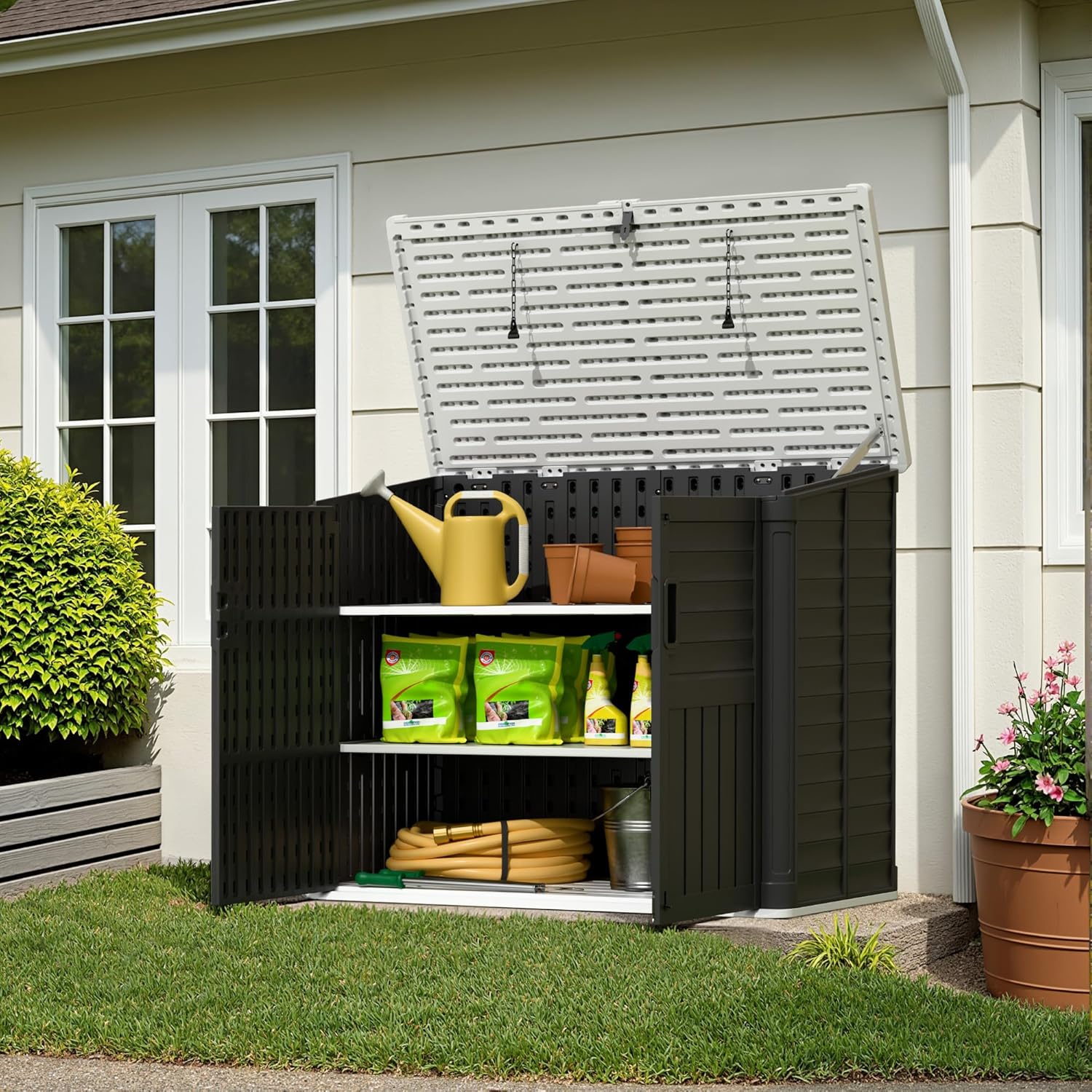Greesum Outdoor Storage Shed 34 Cu Ft with Lockable Doors, Waterproof Outdoor Storage Cabinet for Trash Cans, Patio Cushions, Gardening Tools with Wood Grain Finish (Black)