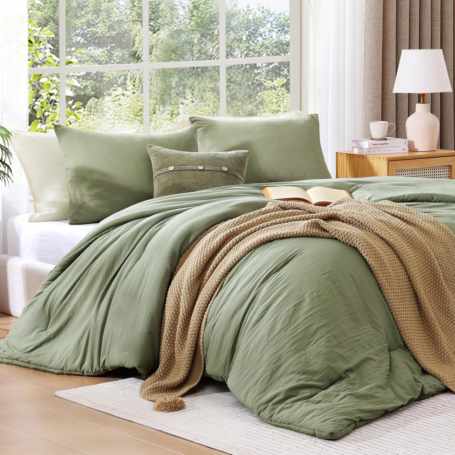 wrensonge queen comforter set - 3 pieces prewashed green comforter soft lightweight for all seasons,down alternative comforters queen size with 2 pillow shams green queen(90"*90")