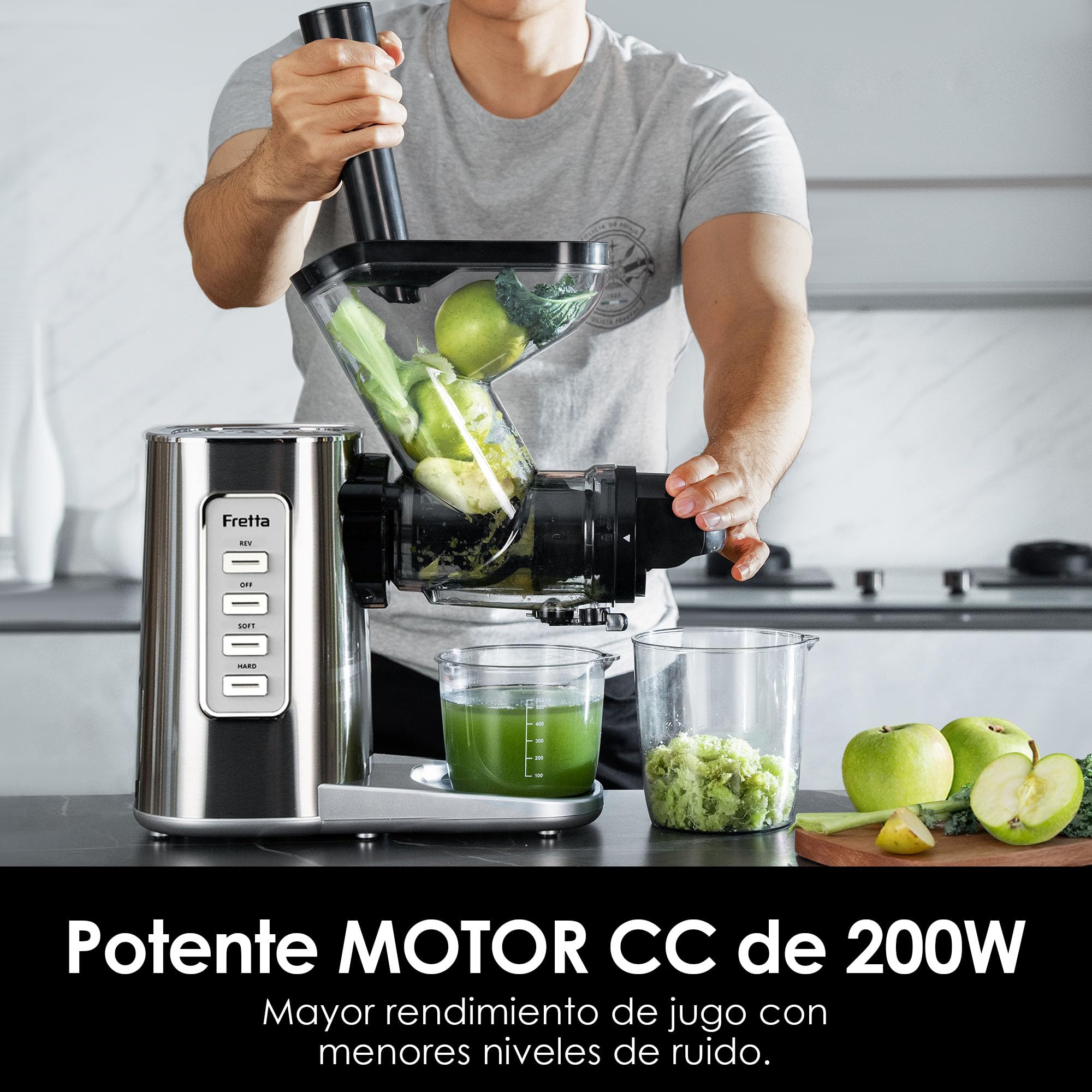 Exprimidor en frío Fretta, boca ancha de 76 mm, sin BPA, cuerpo de acero inoxidable, exprimido lento de 200W que conserva la máxima nutrición, fácil de limpiar