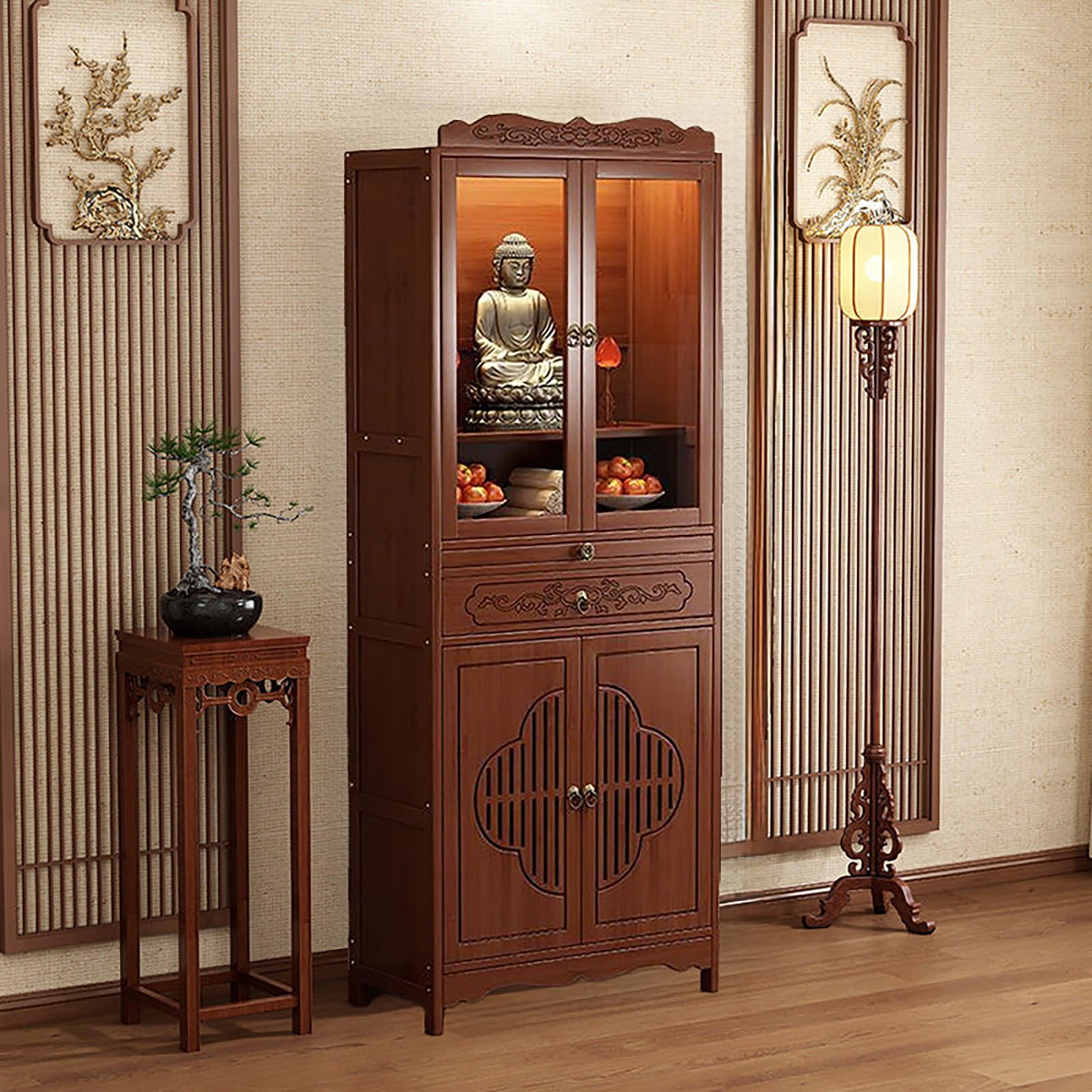 Itetone Walnut With Door Buddhist Altar Table With Storage Drawers, Chinese Buddhist Prayer Altar Cabinet, Temple For Home, Pooja Mandir (, 20.4 * 13 * 67In)