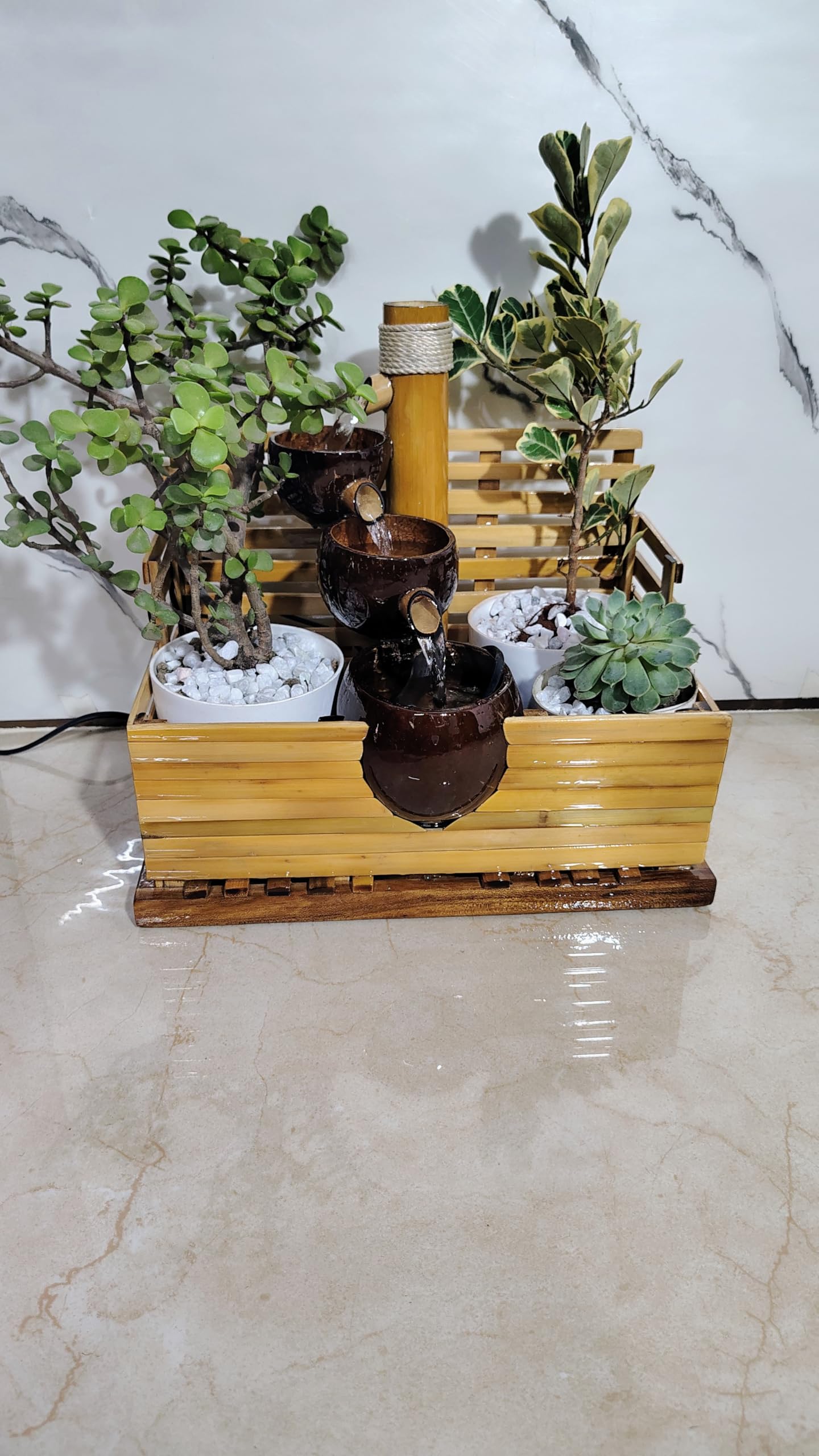 Eco-Friendly Bamboo Coconut Tabletop Water Fountain with Succulent Planters - Natural Home and Office Décor-image-2