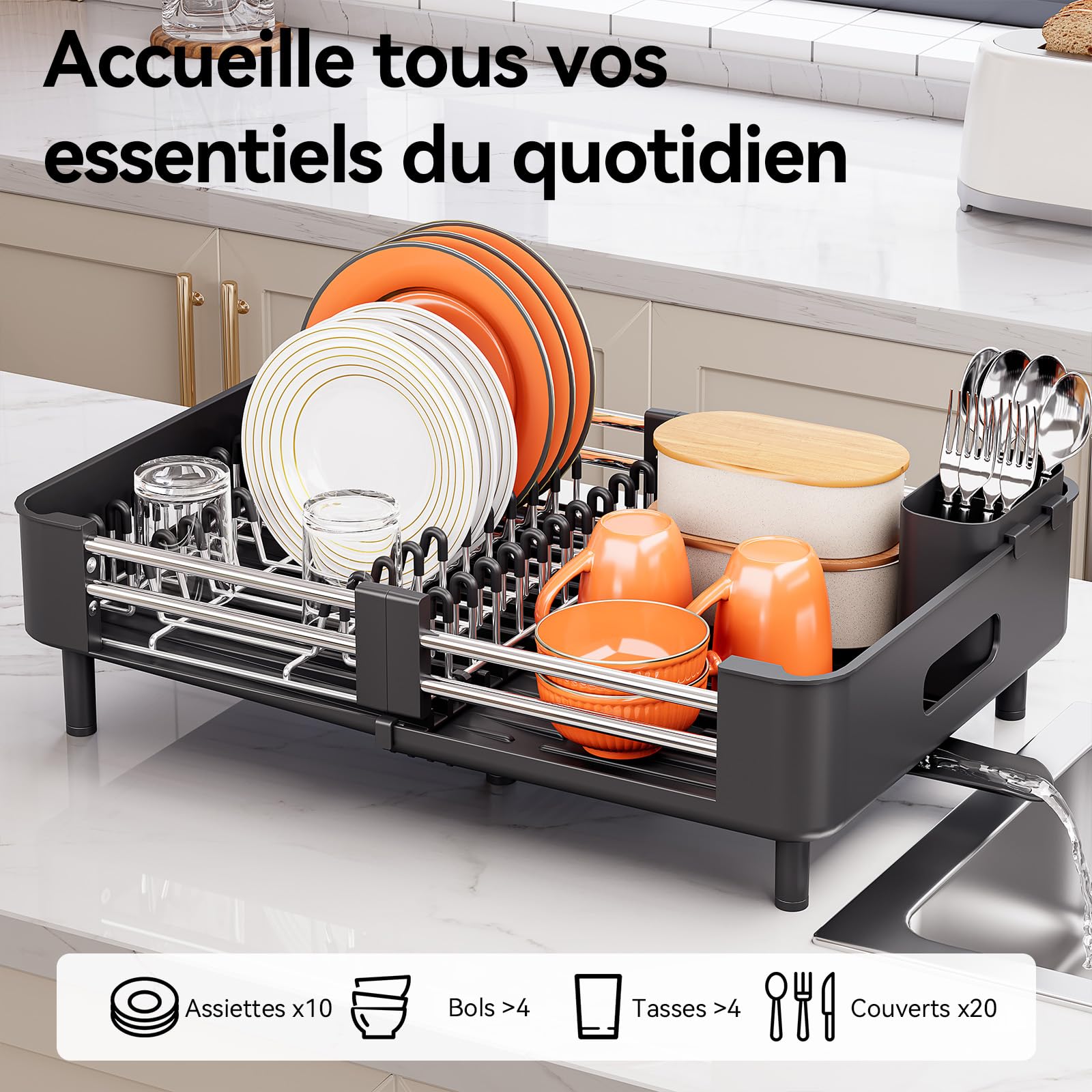 Urackify Scolapiatti espandibile | Pieghevole, in acciaio inox, portaposate rimovibile, supporto per piatti antigraffio
