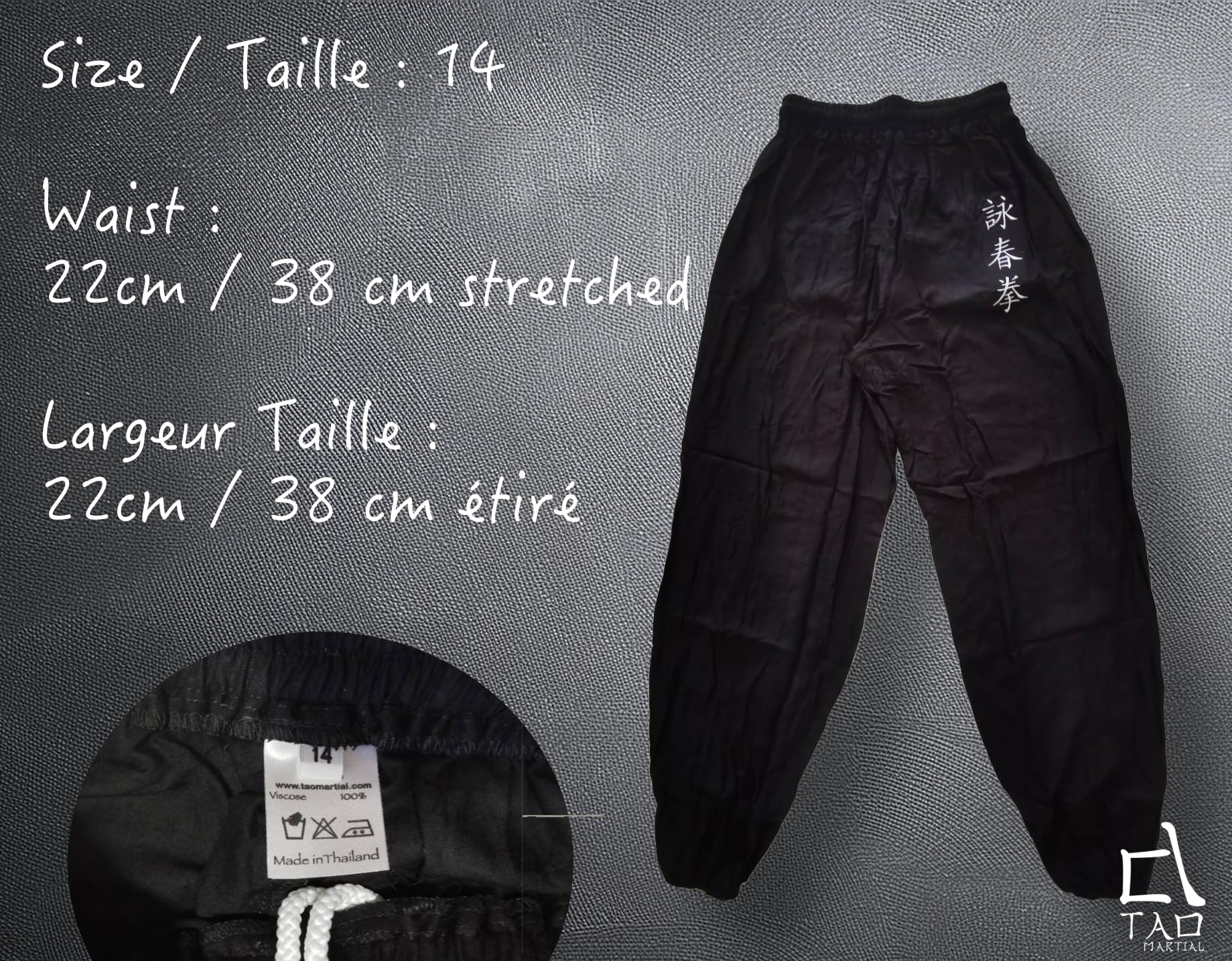 TAO MARTIAL Pantalon Kung Fu Enfant Style Tai Chi et Wing Chun Kimono Léger et Ample (FR/ES, Âge, 14 Ans, Taille Normale, Noir Kung Fu)