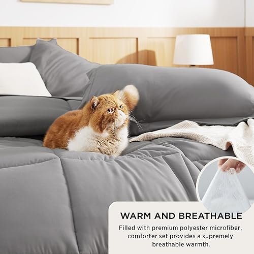 Miniatura 4 de Bedsure King Size Comforter Set - 7 Pieces Solid King Bed Set, King Bed in a Bag Grey with Quilted Warm Fluffy Comforters, Sheets, Pillowcases &