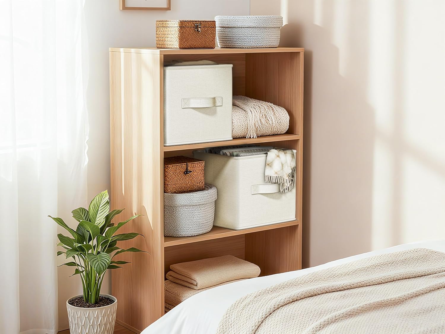 4 Pack Foldable Fabric Closet Storage Bins, 11Inch Organizer Cubes with Handles, Linen Storage Boxes for Clothes, Toys, Books and Home Organization, White& Ivory