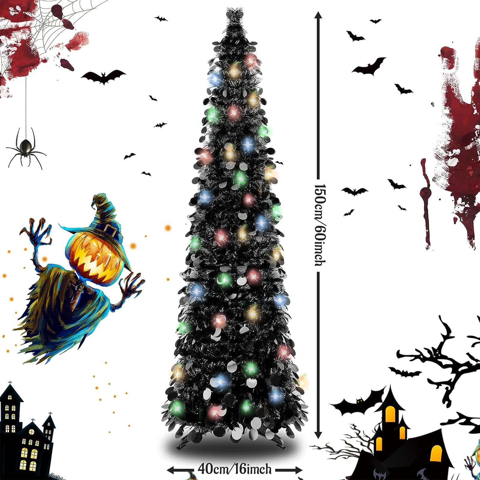 5FT Black Pop Up Christmas Tree, Collapsible Artificial Christmas Tree