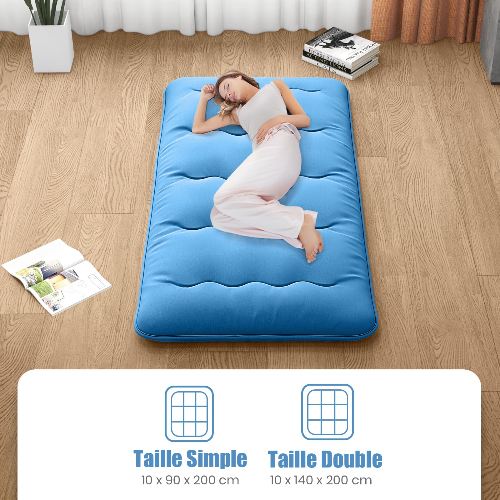 GOPLUS - Colchón Futón japonés para 1/2 personas, cama plegable y portátil con bolsa de transporte para camping, viajes en coche, 90/140 x 200 cm (azul, 90 x 200 cm), IV21720FR