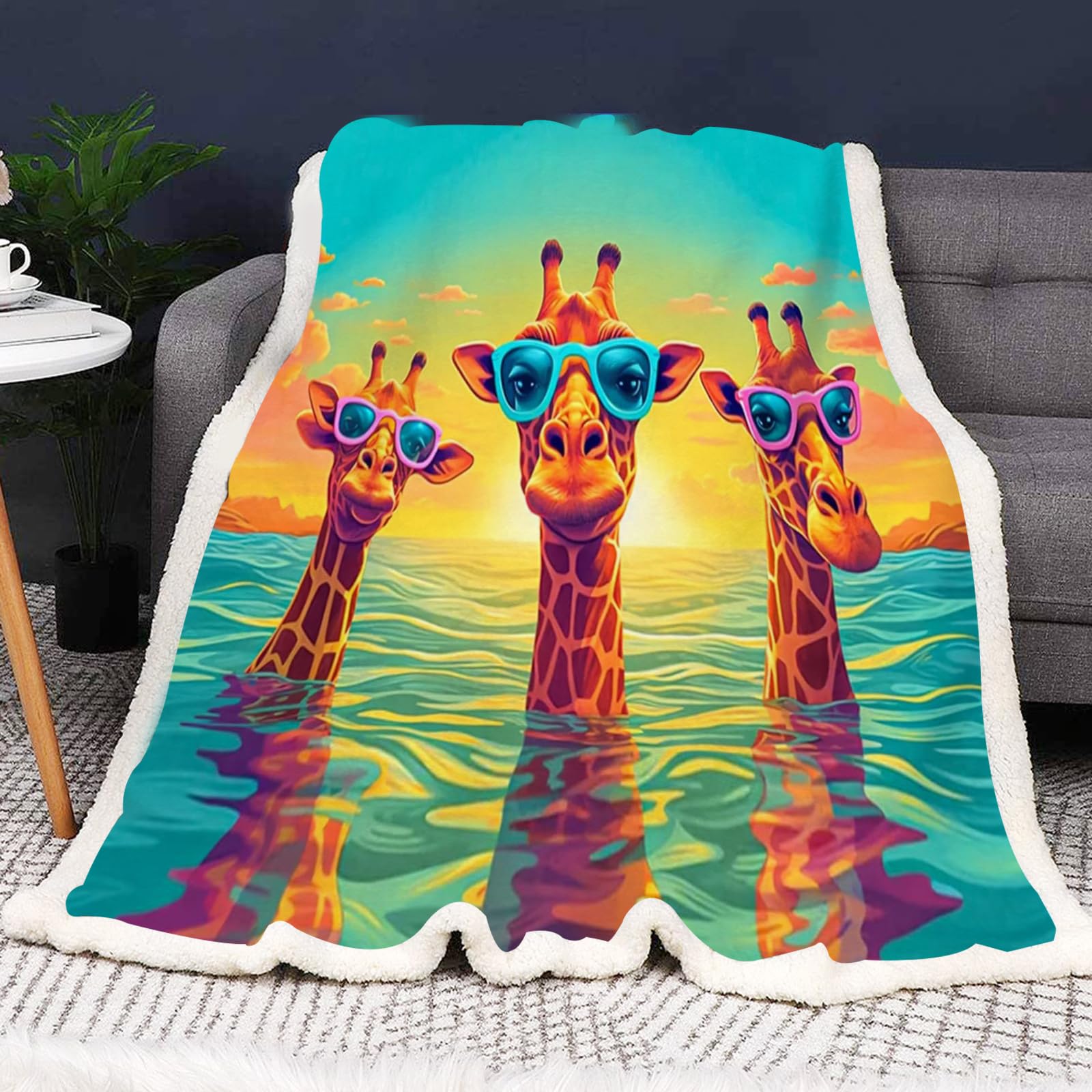 SMchwbc Giraffe Blanket, 150 x 200 cm, Cuddly Blanket, Giraffe Blanket, Flannel Blanket, Giraffes, 3D Print, Forest, Wild Animal, Giraffe, Fluffy Sofa Blanket, 130 x 150 cm Couch Blanket (2.75 x 100