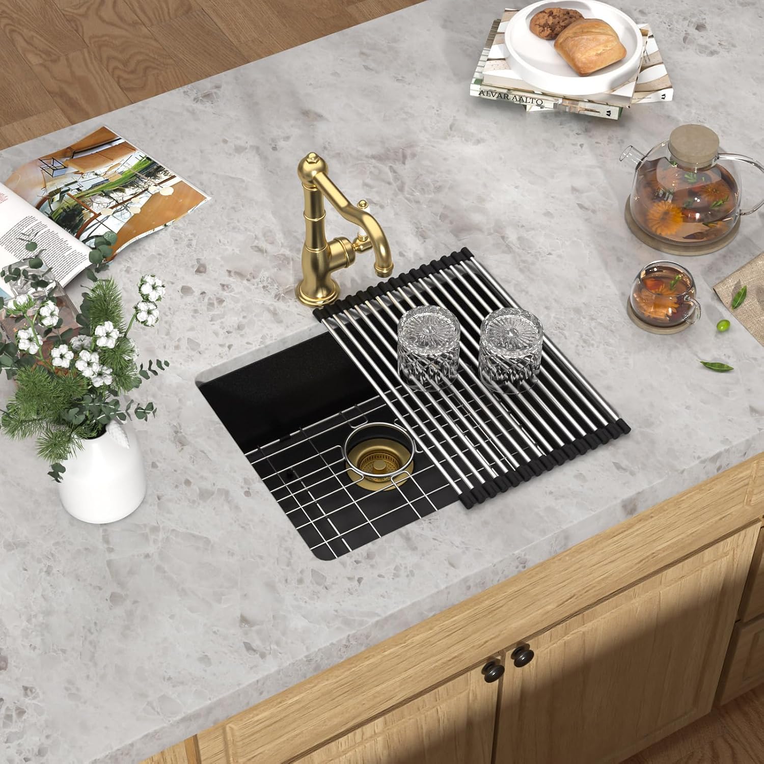 21x17 Inch Granite Composite Undermount Bar Sink - Matte Black Classic Quartz Single Bowl Wet Prep Sink for Kitchen Bar, RV, and Boat with Gold Drain Strainer, Bottom Grid #TLGU-134