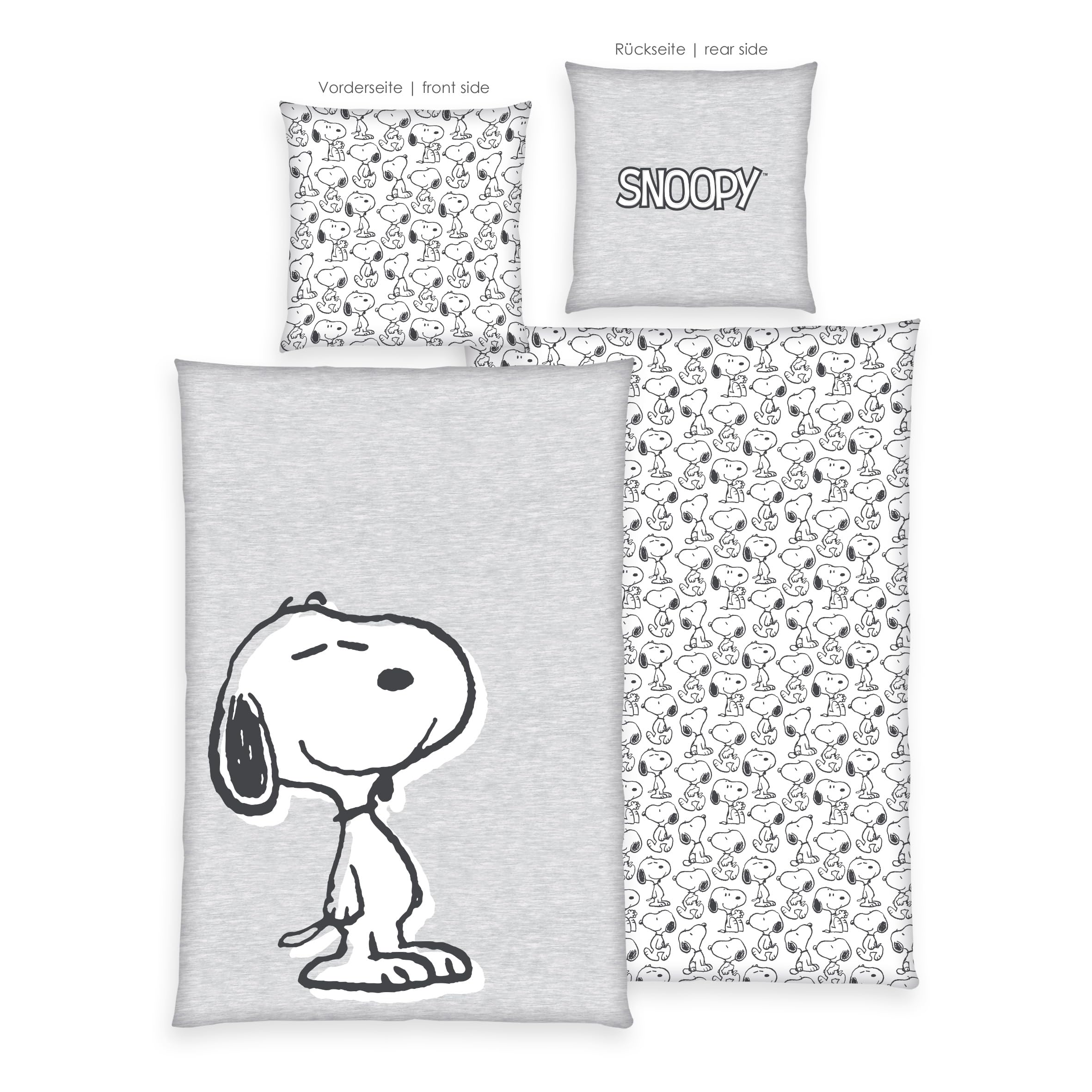 Herding Peanuts Bettwäsche-Set, Wendemotiv, Kopfkissenbezug 70 x 90 cm, Bettbezug 140 x 200 cm, Mit Reißverschluss, 100% Baumwolle/Renforcé, Grau