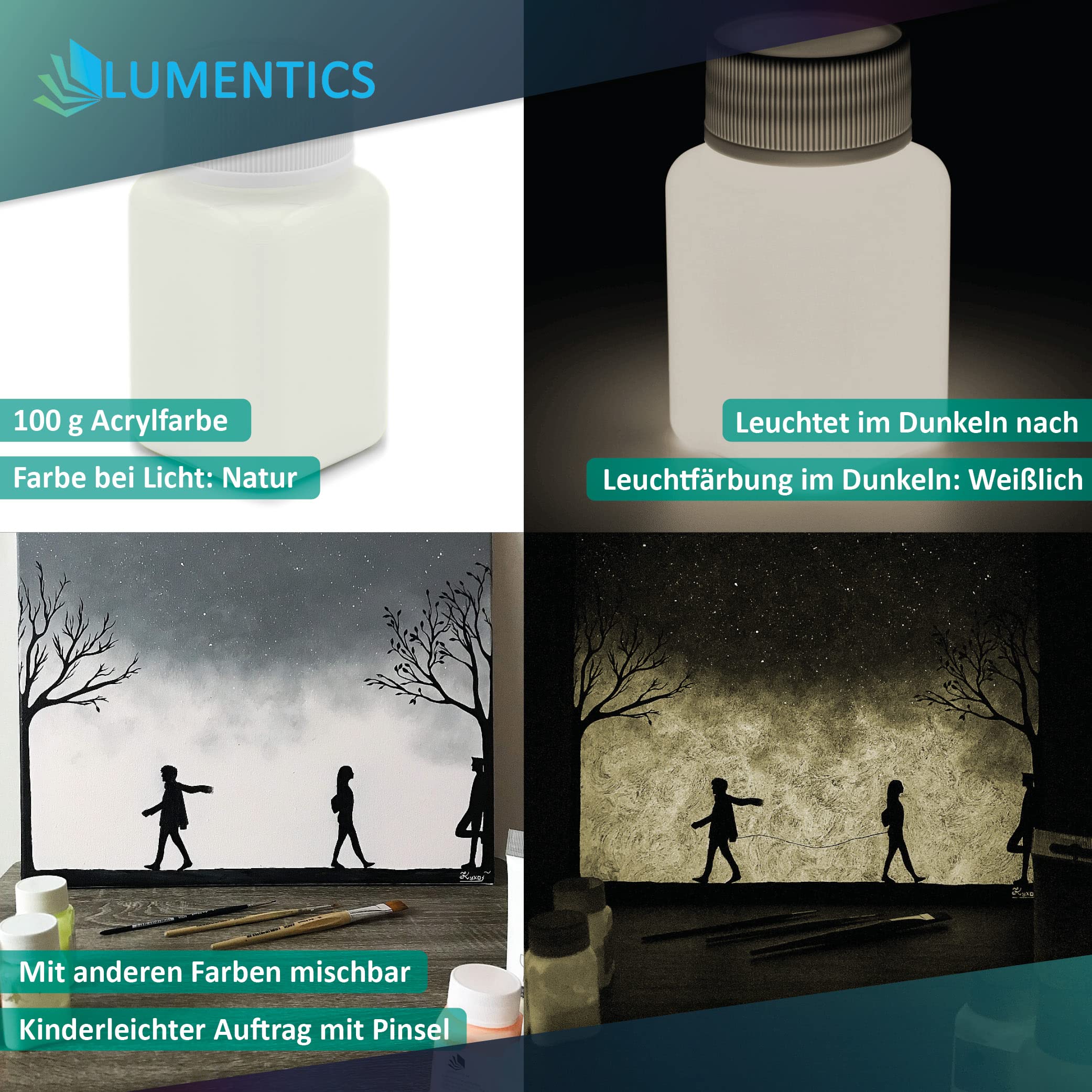 LUMENTICS Malfarbe Weiß nachleuchtend 100g - Im Dunkeln leuchtende Malfarbe - Nachleuchtende UV Farbe mit Glow Effekt - Phosphoreszierend - Made in Germany