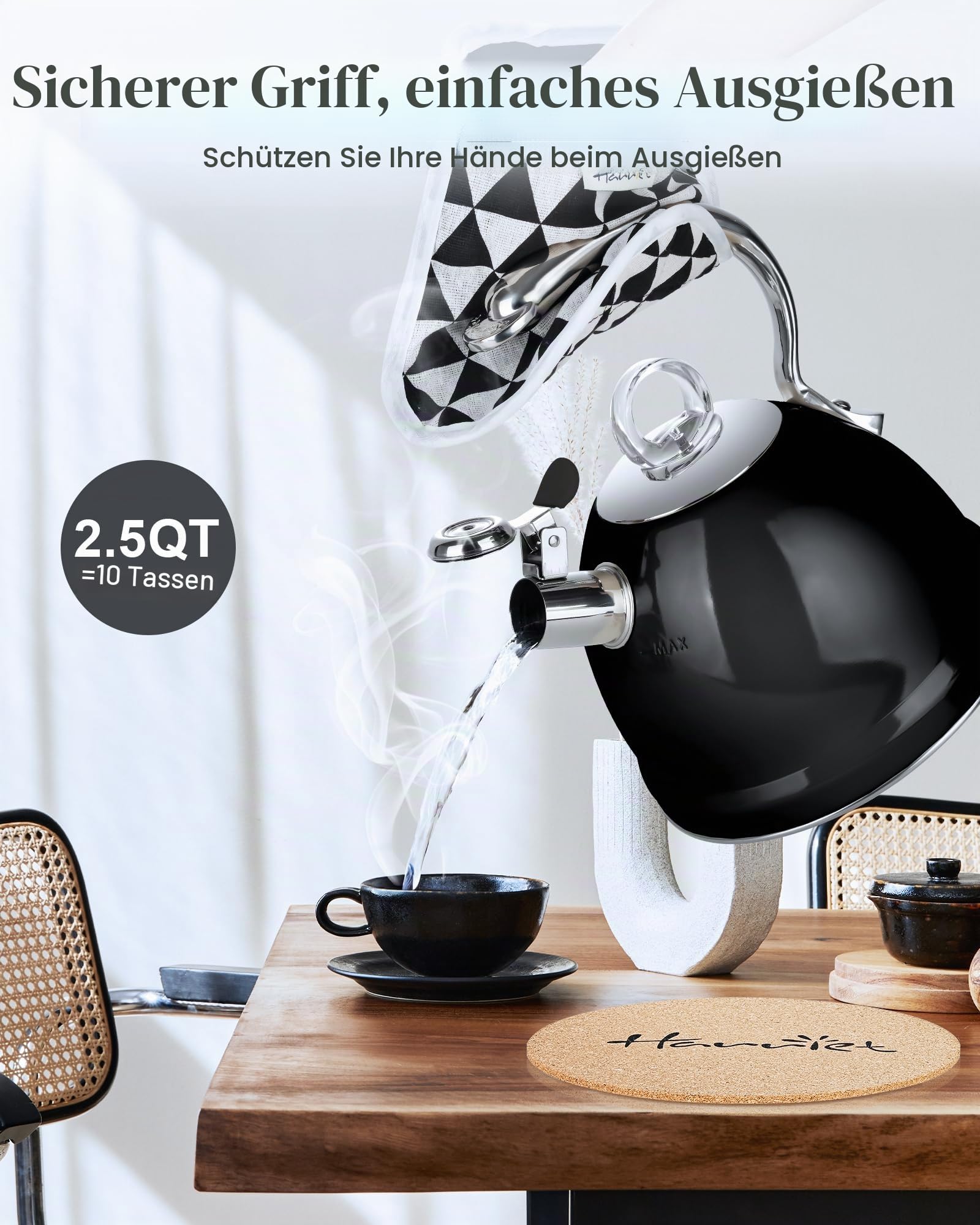 Harriet Teekessel, 2,5 QT Pfeifende Edelstahl-Teekanne, 3-lagiger Boden, einzigartiger ergonomischer Griff, inklusive Topflappen und Matte, Elektro-/Induktions-/Gasherde, Schwarz