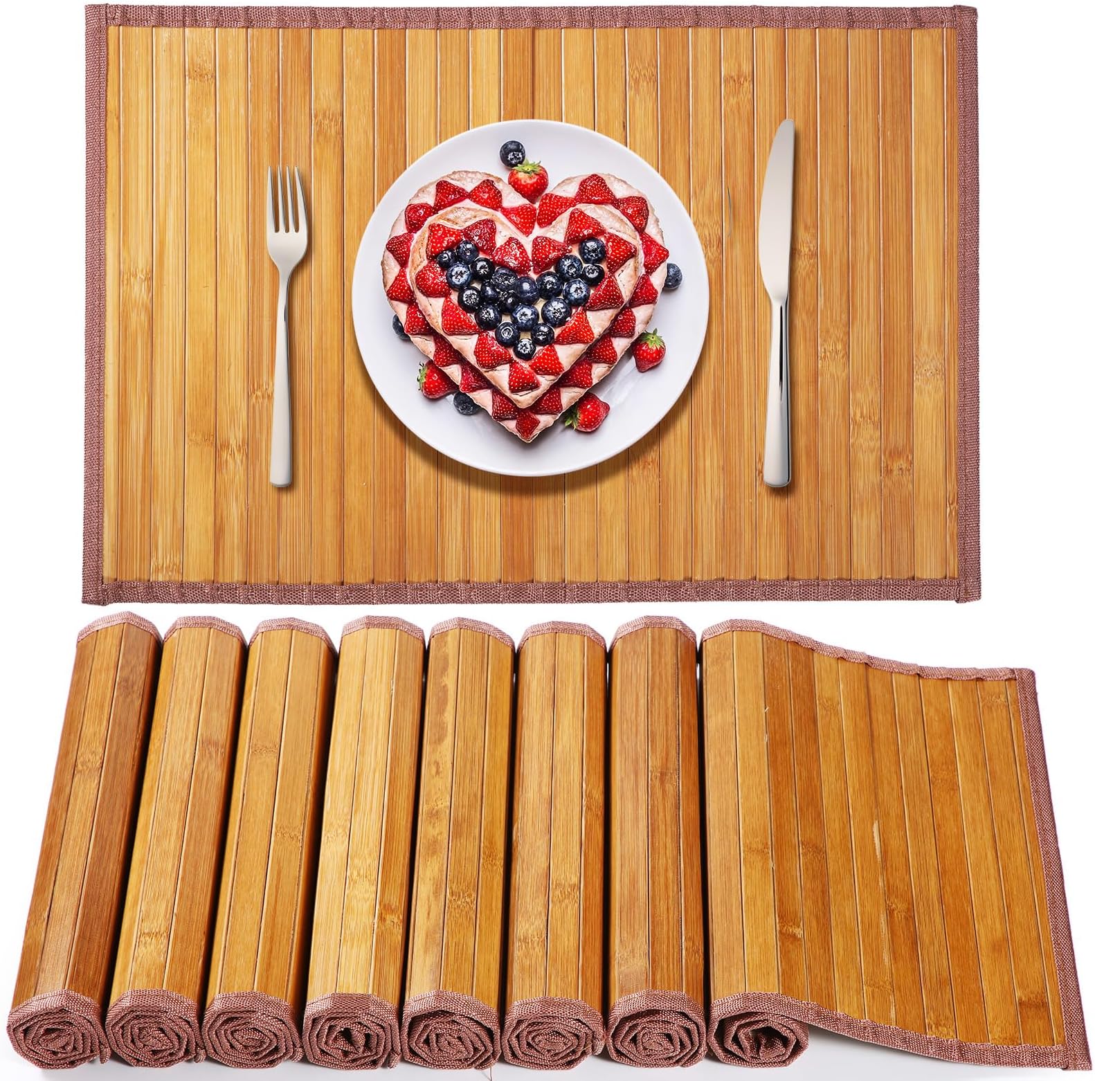 Hushee 8 Pcs Bamboo Placemats Dining Table Mats Washable Heat Place Resistant Mat for Dining Kitchen Room Table, 18 x 12 Inch