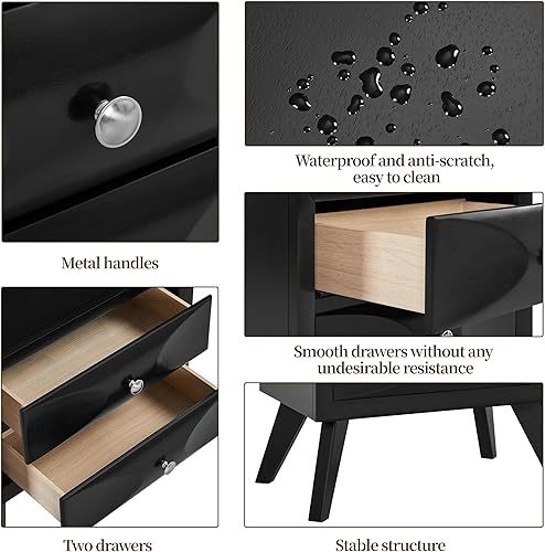 Miniatura 8 de Yaheetech Mesita de noche con 2 cajones, mesita de noche casi totalmente montada, mesa de noche grande con patas de madera maciza y almacenamiento,