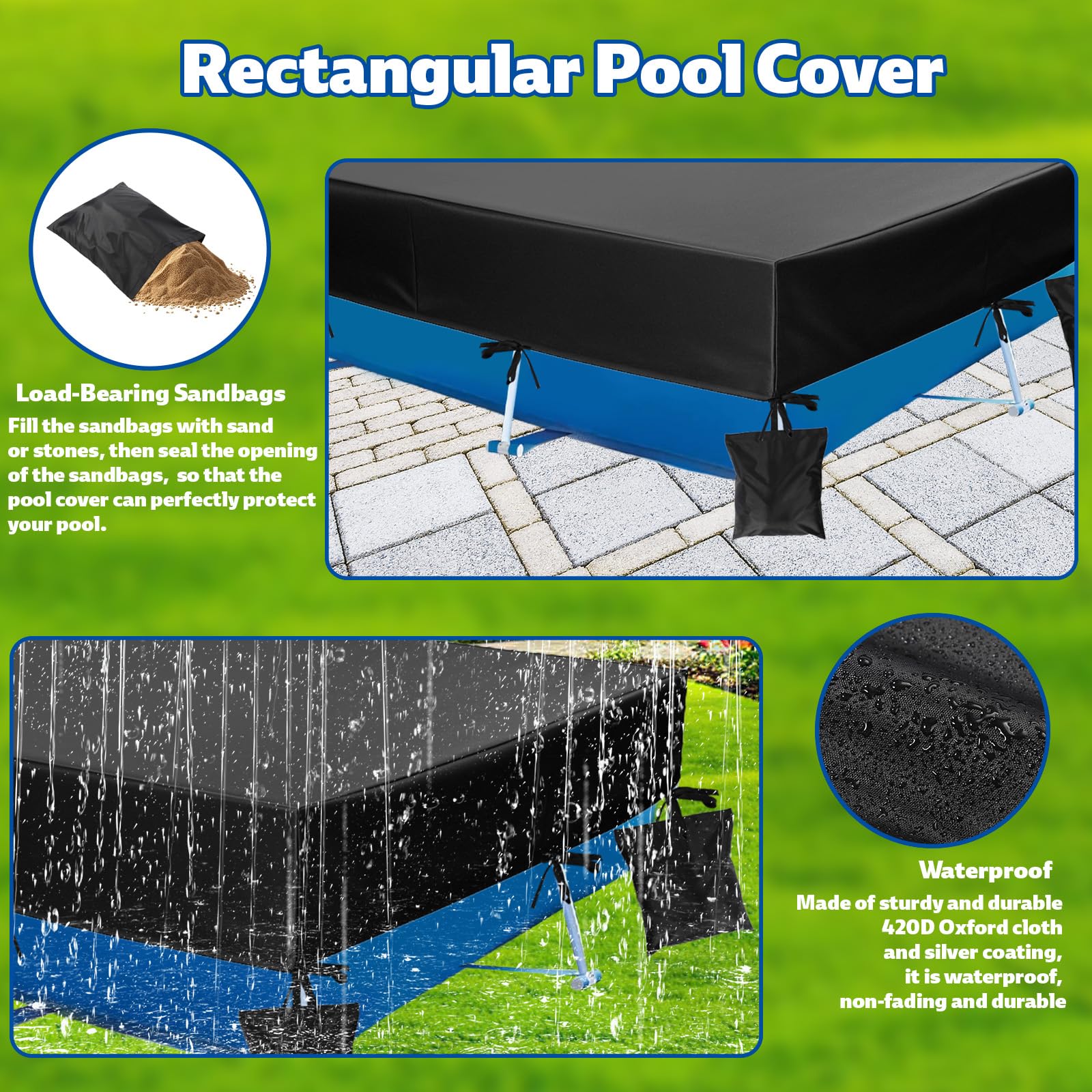 450x220x30cm Cubierta de Piscina Rectangular para Piscinas Elevadas, Resistente de Tela Oxford 210D Cubierta Incluye 4 Sacos Arena y 1 Bolsa Almacenamiento